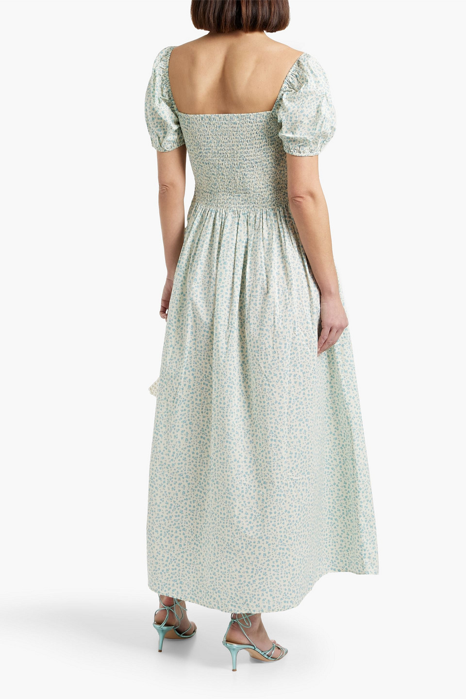 Solid & Striped The Corinna Shirred Printed Cotton-voile Maxi Dress In Light Blue