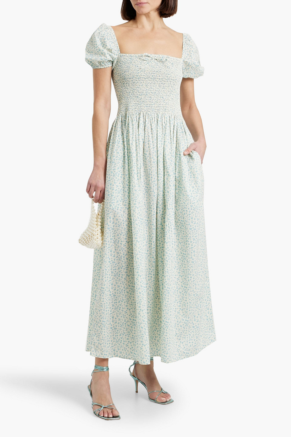 Solid & Striped The Corinna Shirred Printed Cotton-voile Maxi Dress In Light Blue