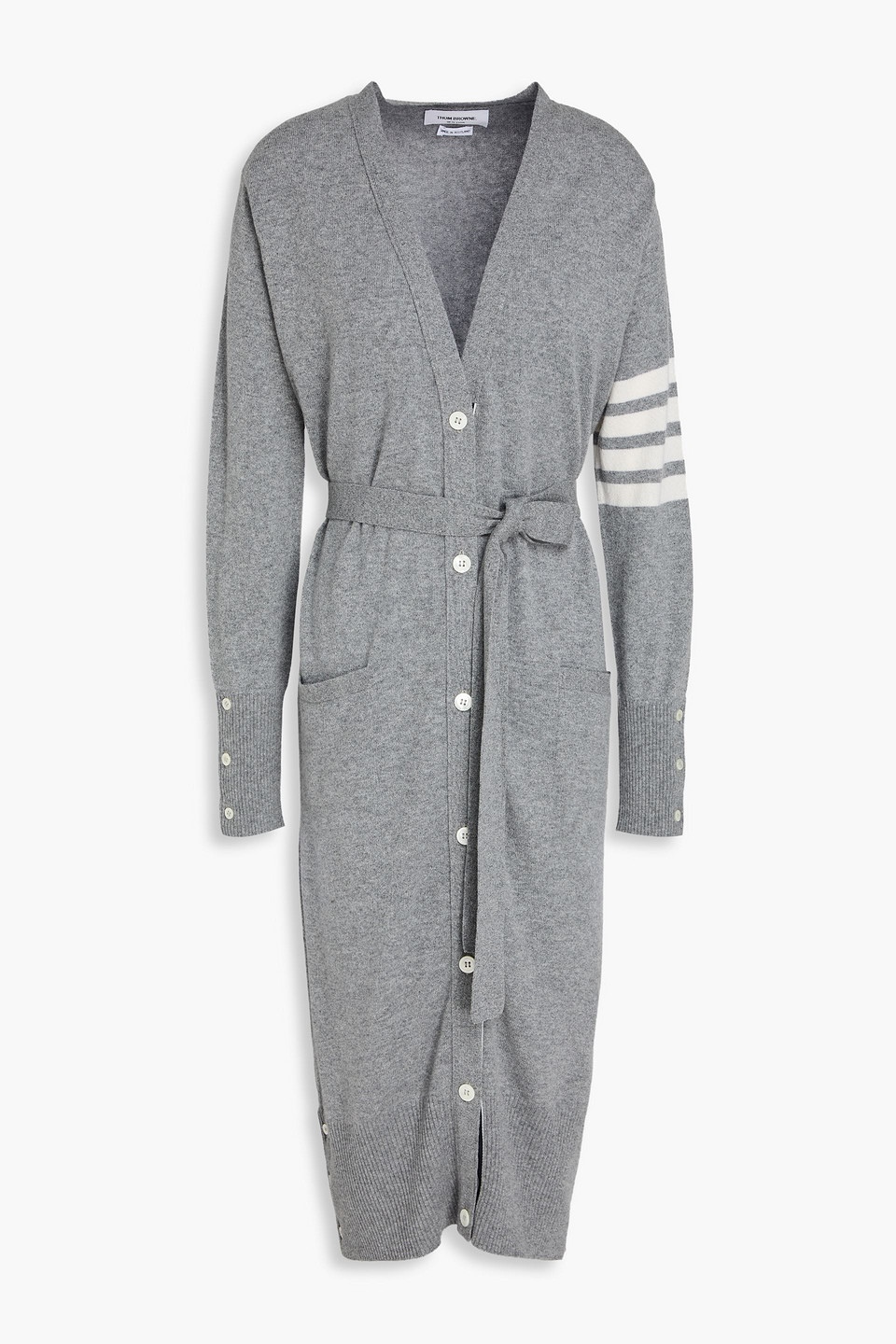 Thom Browne Virgn Wool Cardigan Dress With Sporty Stripe Detail In Gray