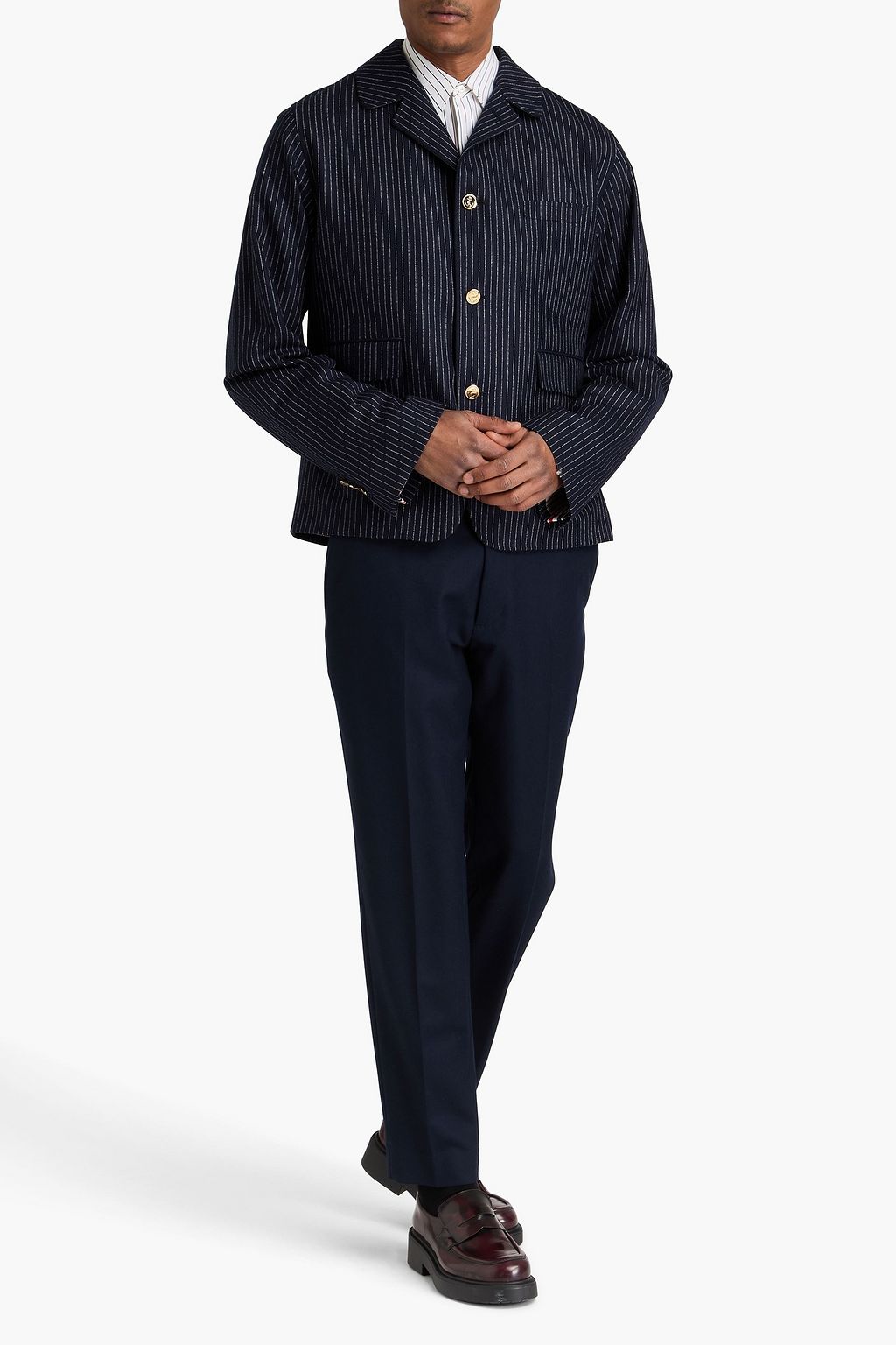 THOM BROWNE Pinstriped wool and cashmere-blend flannel jacket