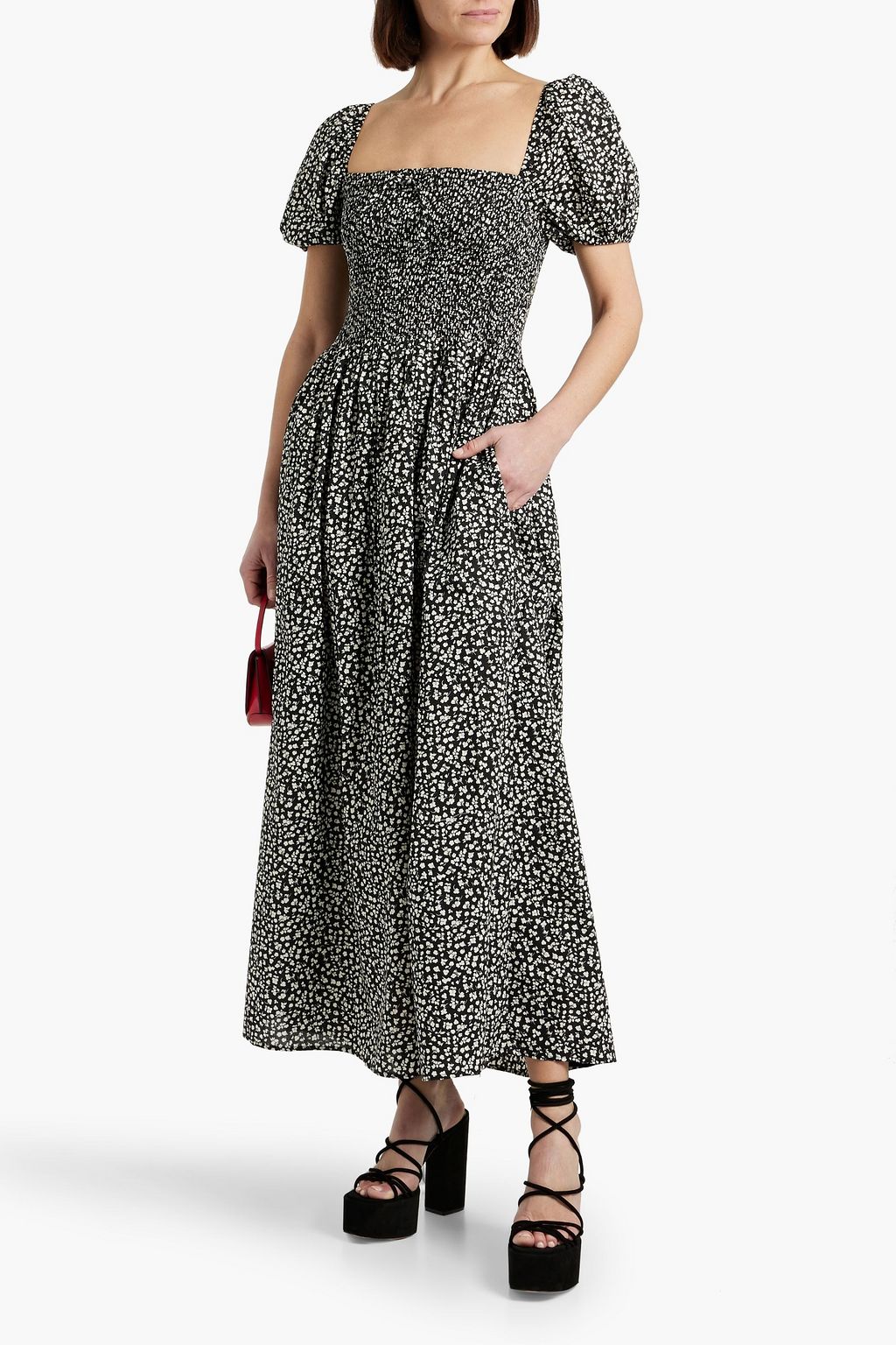 SOLID & STRIPED فستان "ذا كوريننا" طويل من قطن فوال بتأثير مزموم مزين بطبعات