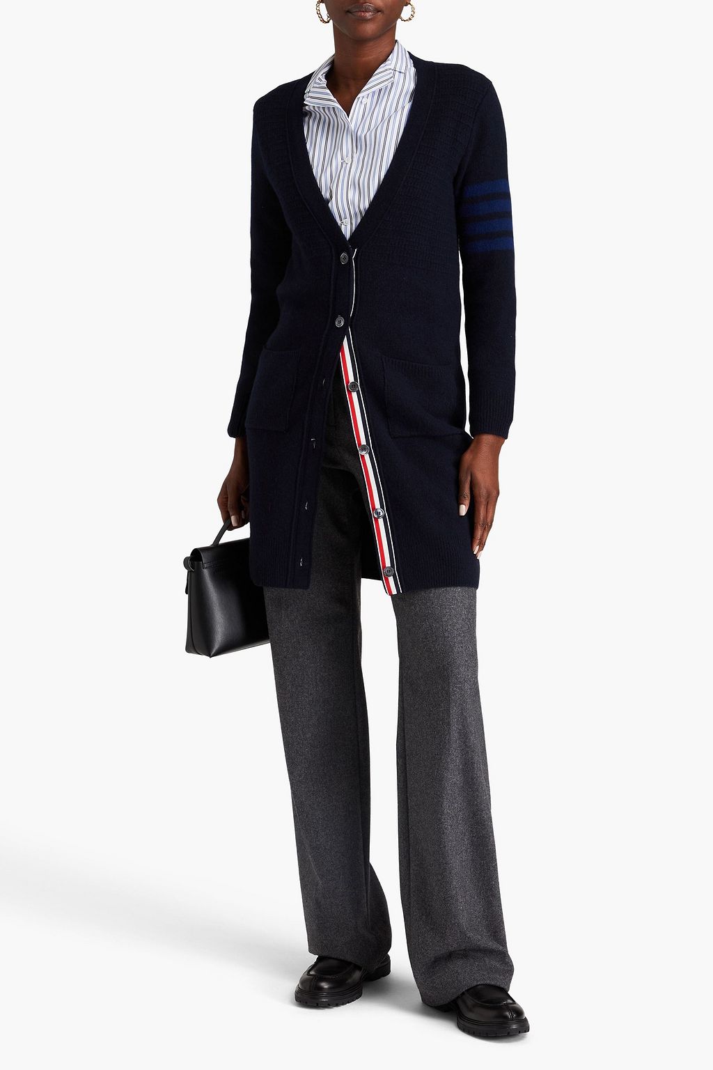 THOM BROWNE كارديغان مصنوع من مزيج الكشمير والصوف بتصميم مخطط