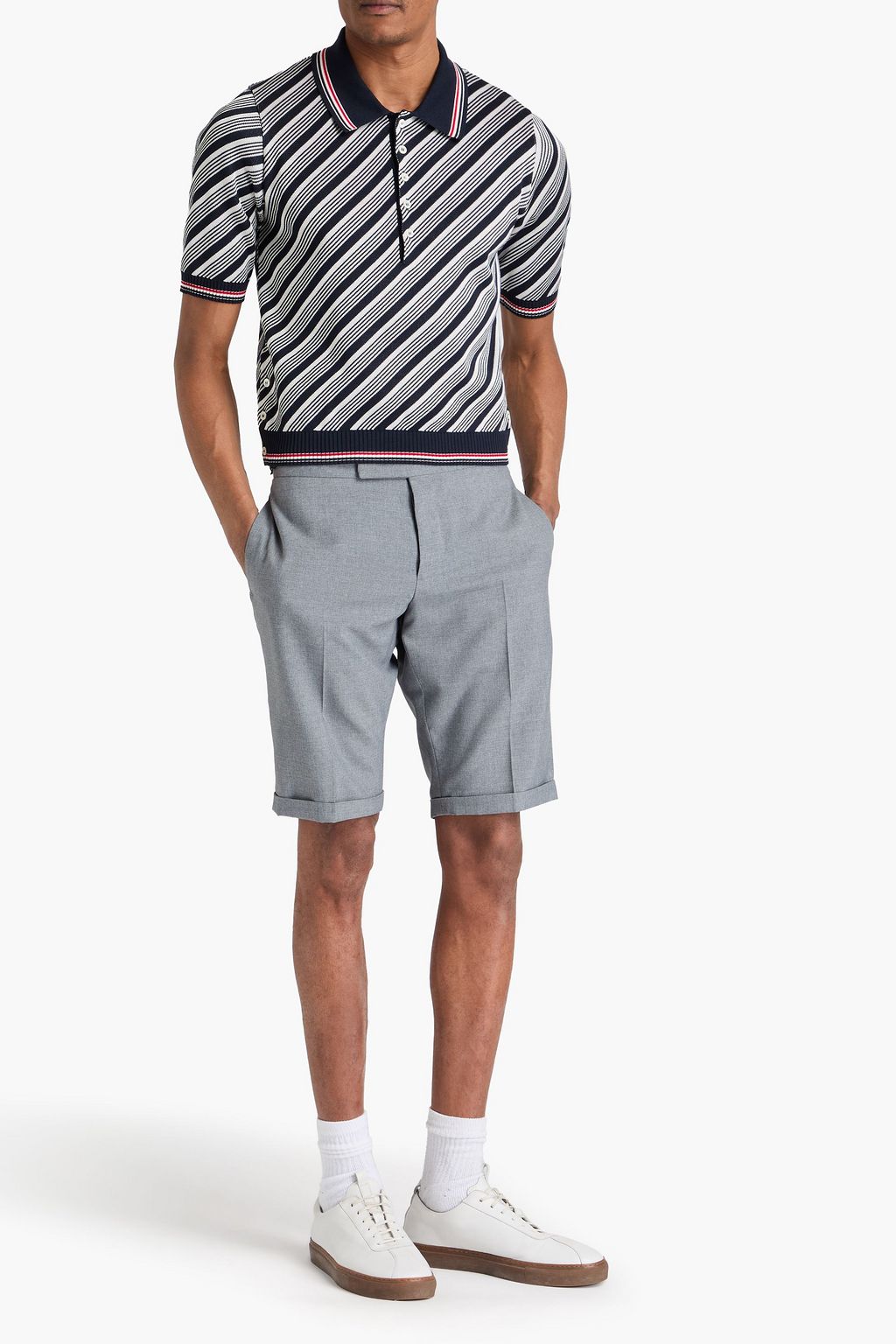 THOM BROWNE Striped jacquard-knit silk-blend polo shirt