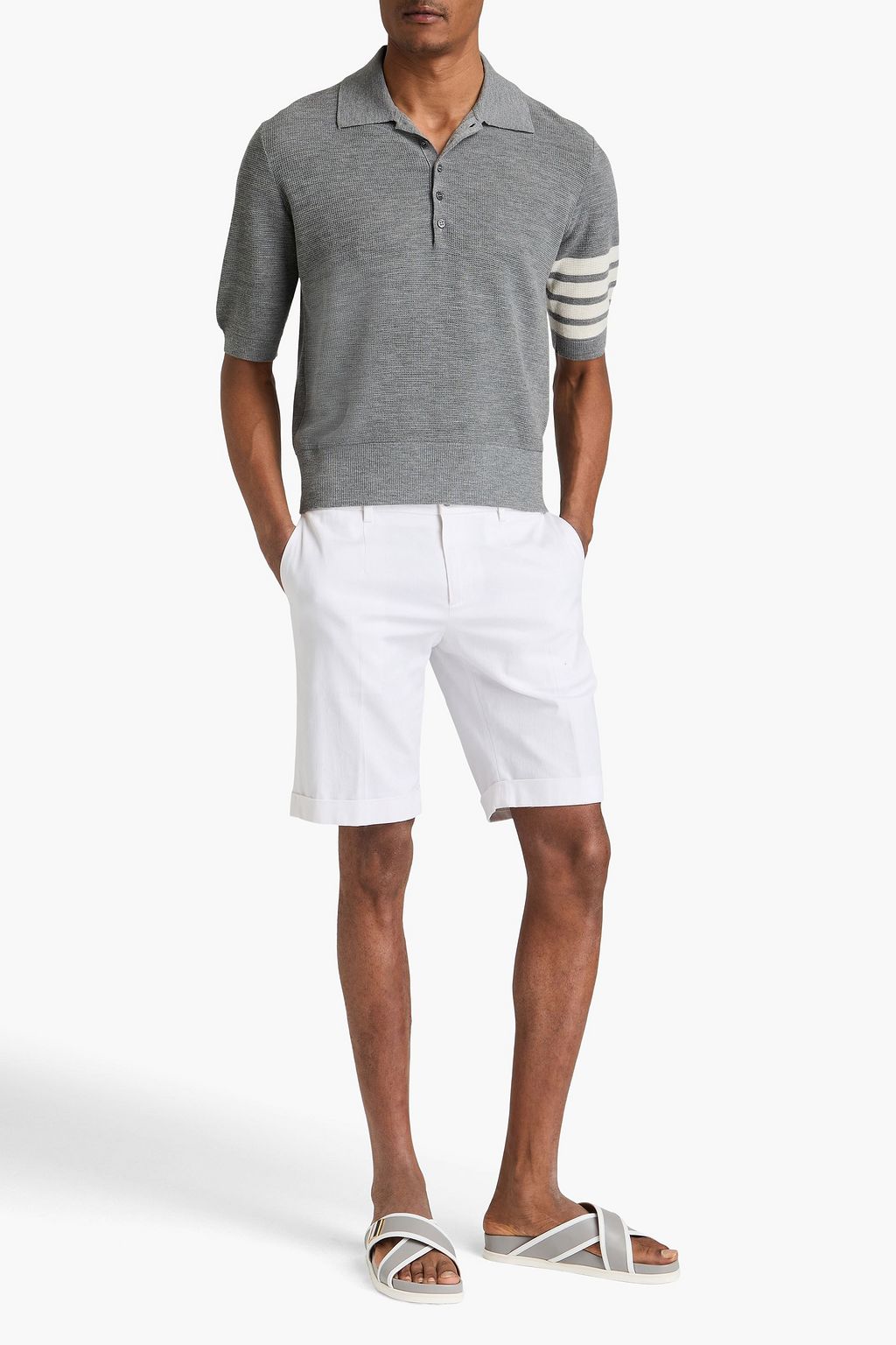 THOM BROWNE Striped wool-piqué polo shirt