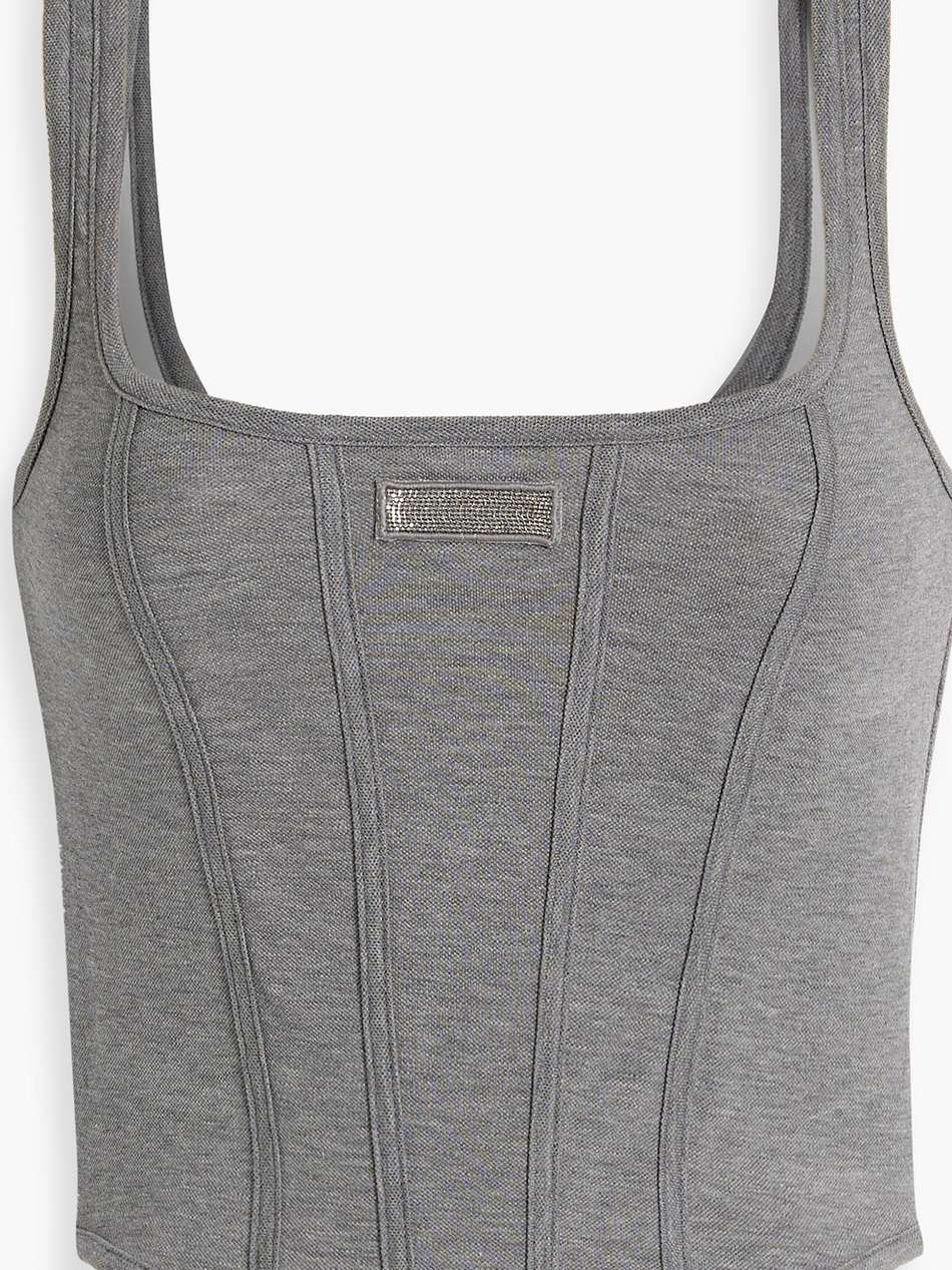cropped bead-embellished cotton-blend piqué bustier top