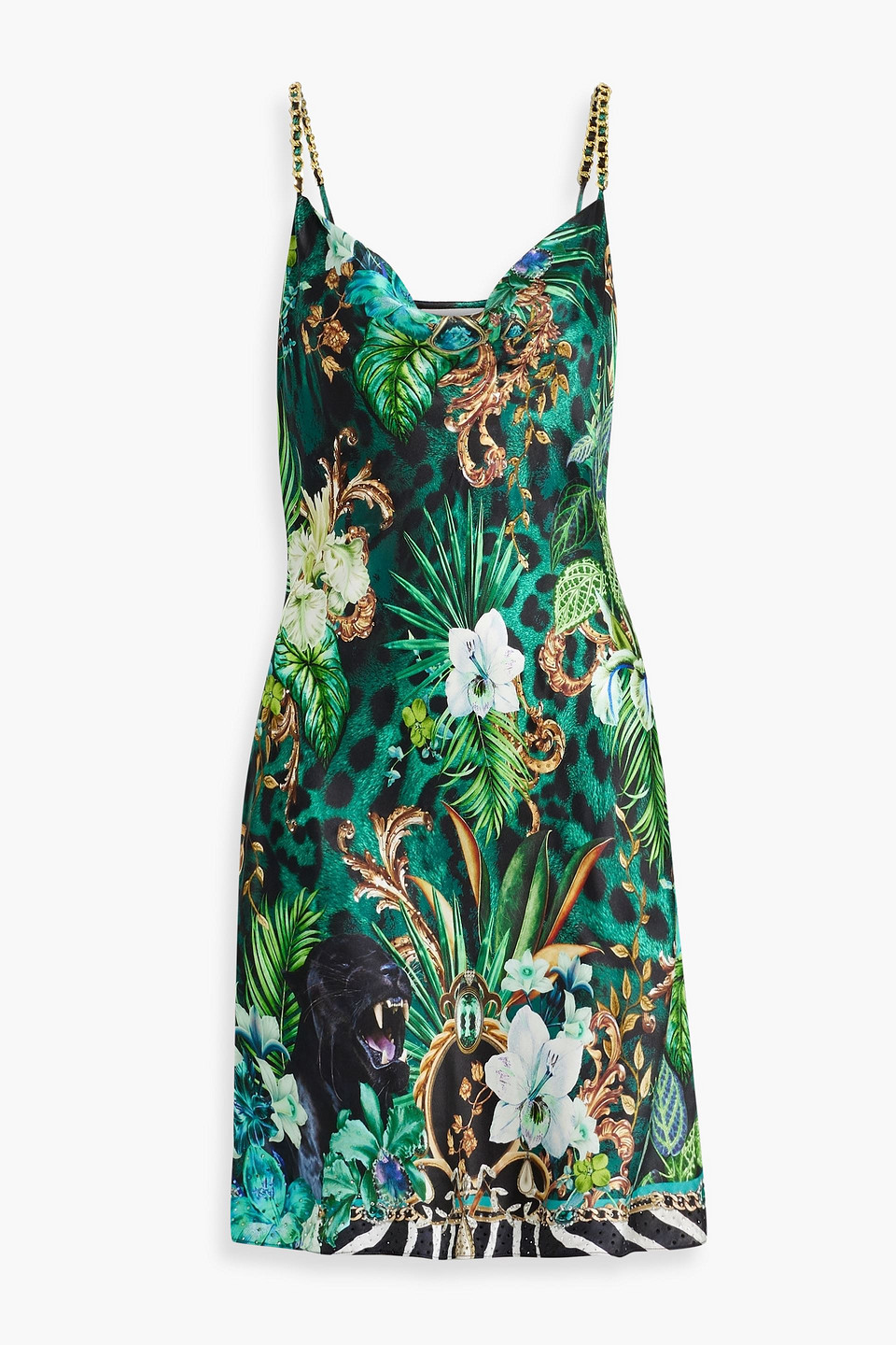 Embellished floral-print silk-satin mini slip dress