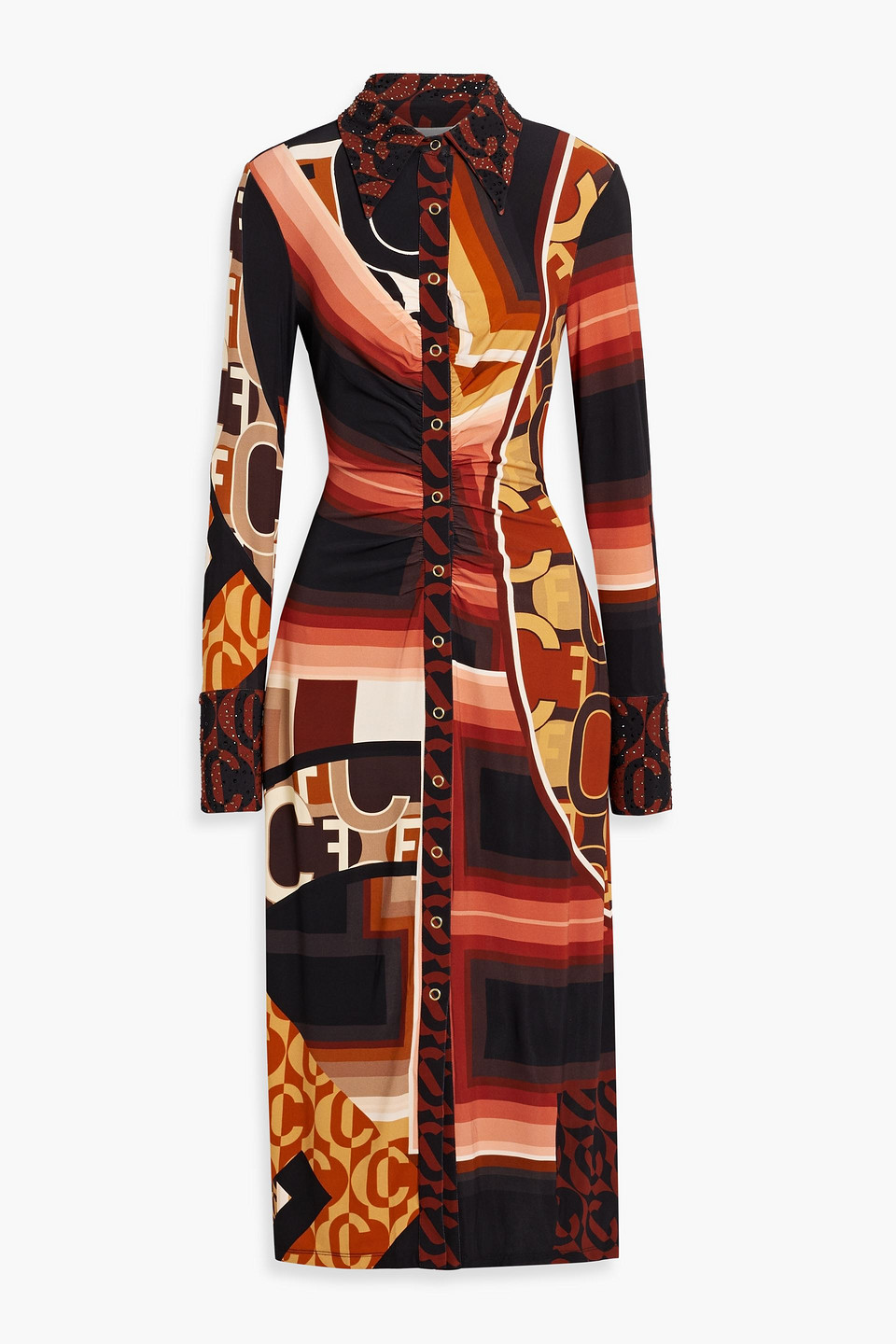 Camilla Crystal-embellished Printed Stretch-jersey Midi Shirt Dress In Brown