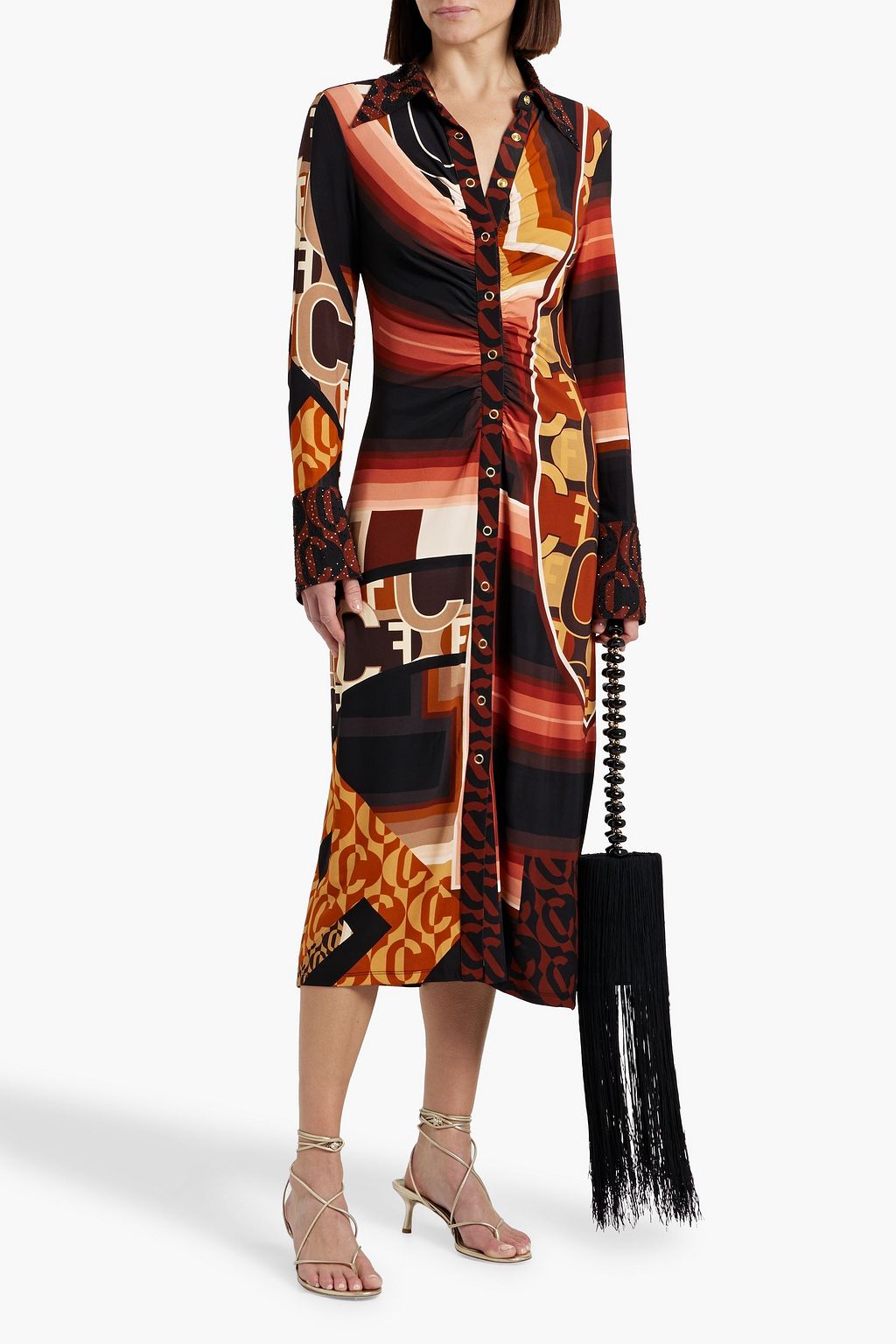 CAMILLA Crystal-embellished printed stretch-jersey midi shirt dress