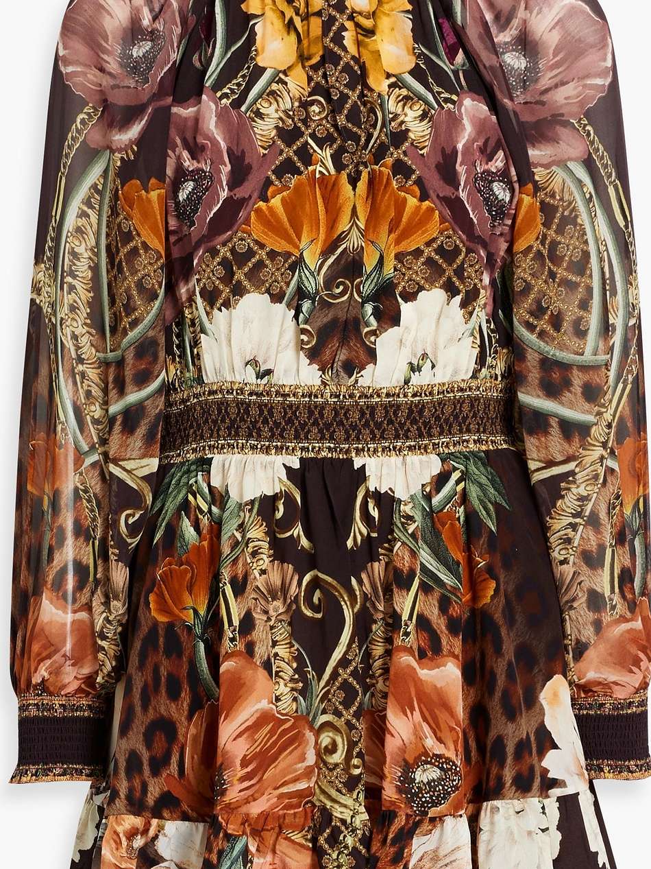 crystal-embellished printed silk crepe de chine mini dress