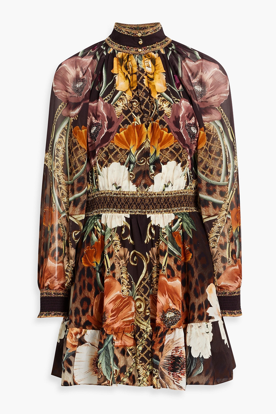 Camilla Crystal-embellished Printed Silk Crepe De Chine Mini Dress In Chocolate