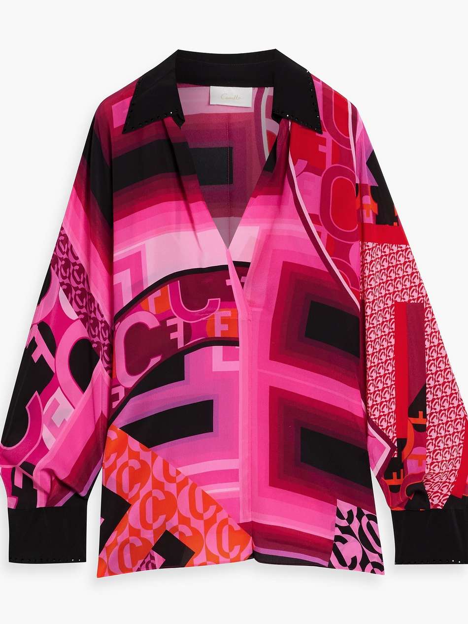 crystal-embellished printed silk crepe de chine top
