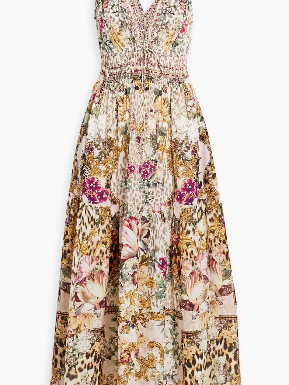 crystal-embellished printed silk crepe de chine maxi dress