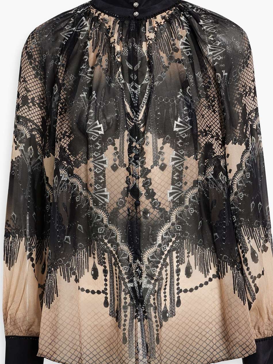 crystal-embellished printed silk crepe de chine blouse