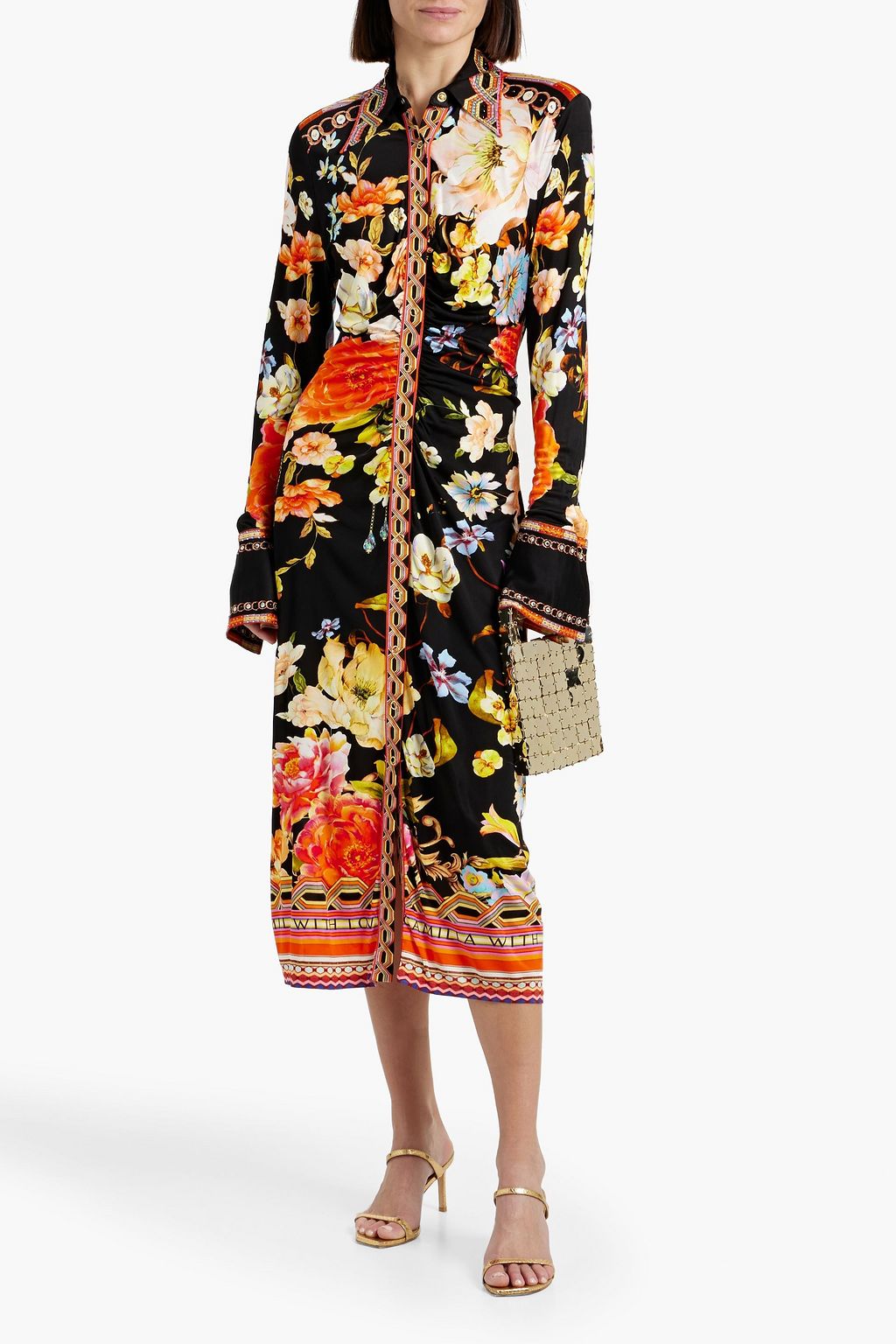 CAMILLA Crystal-embellished floral-print stretch-jersey midi shirt dress