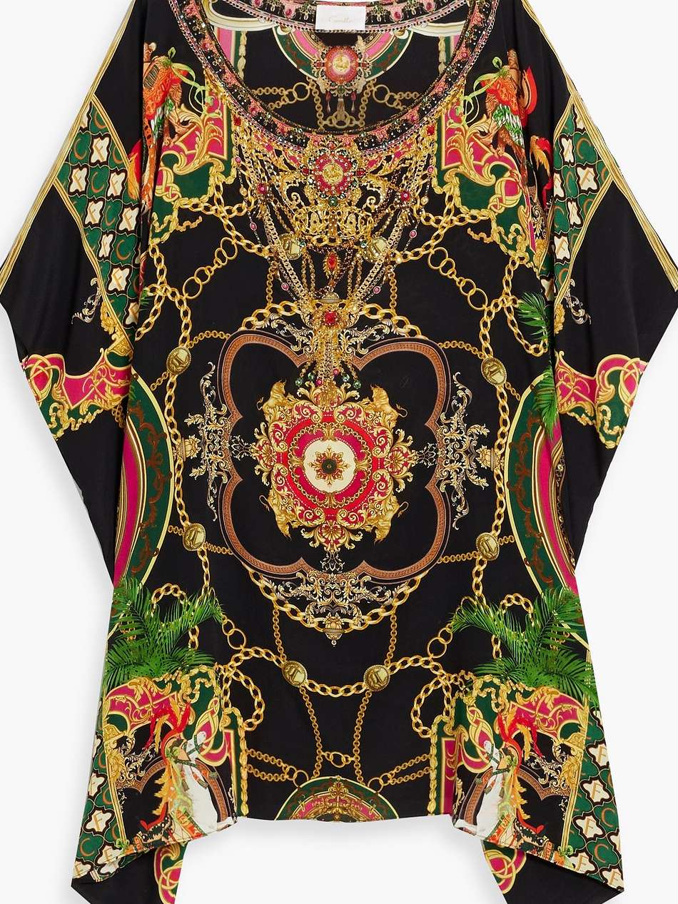 crystal-embellished printed silk crepe de chine kaftan