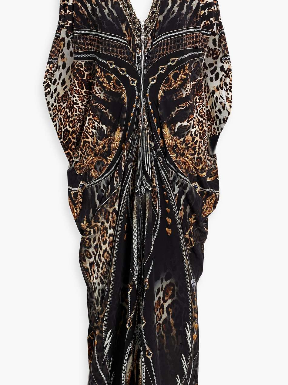 crystal-embellished printed silk crepe de chine maxi dress