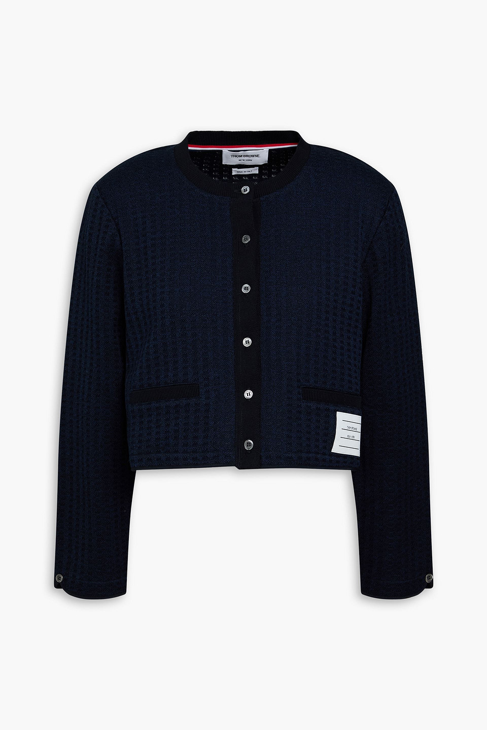 Thom Browne Cropped Cotton-jacquard Cardigan In Navy