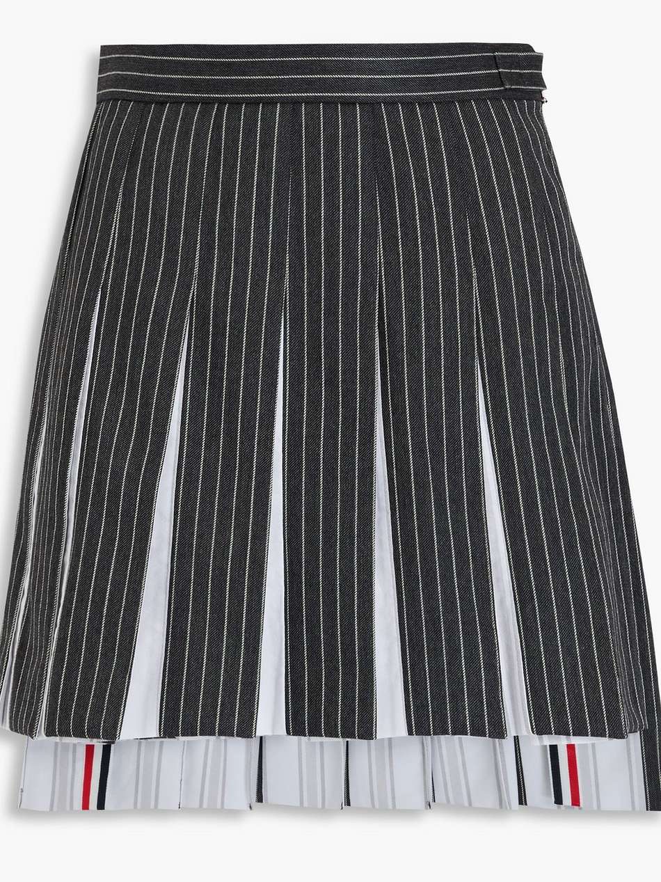 pleated pinstriped wool and cotton mini skirt