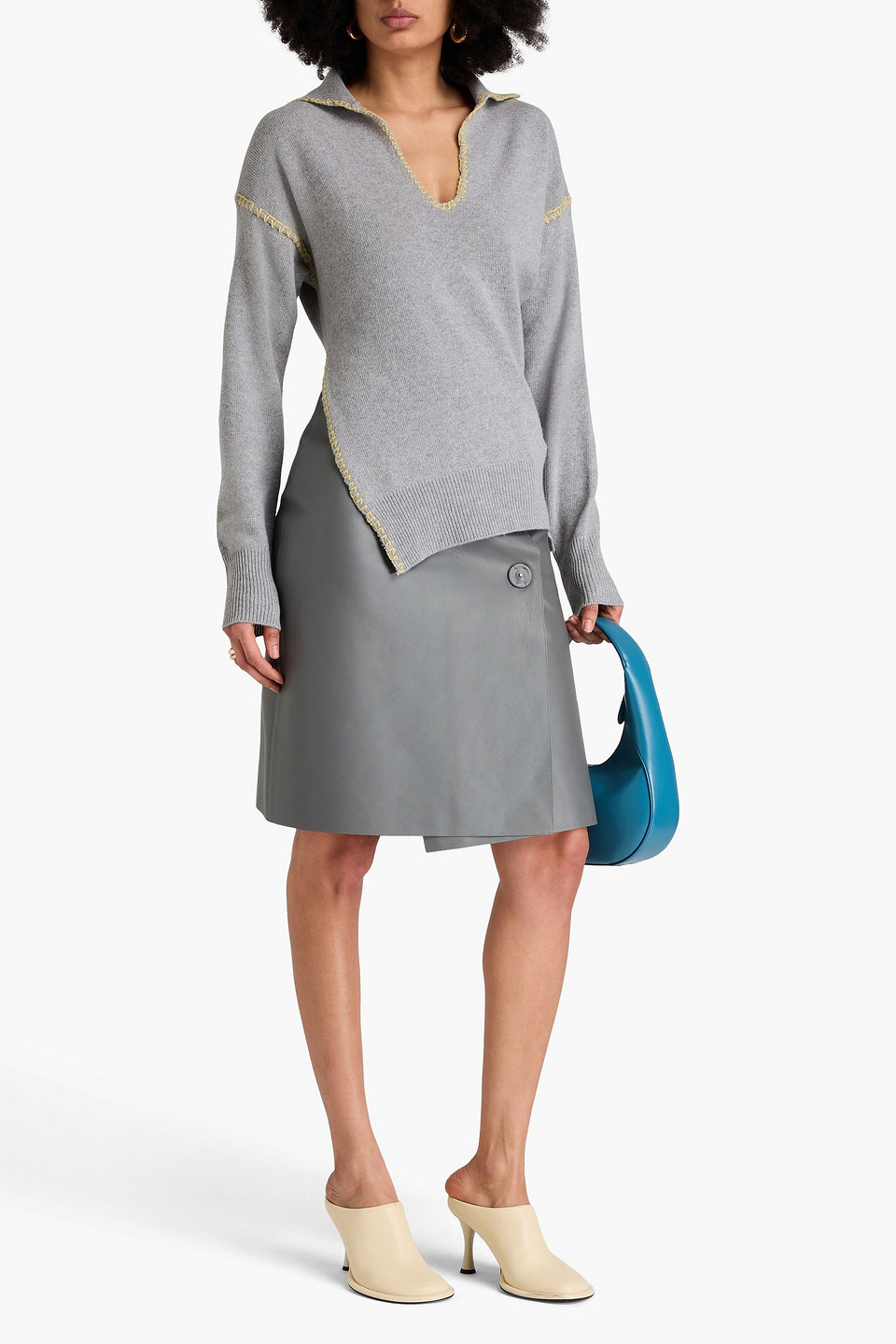 Marni Whipstitched Wool And Cashmere-blend Polo Sweater In Grau