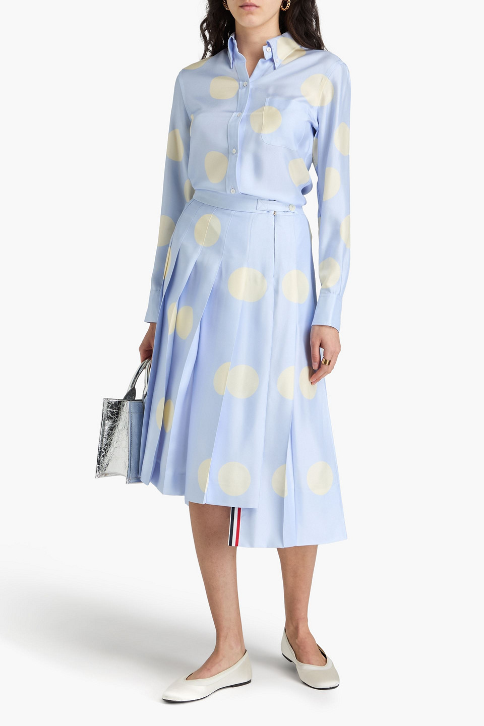 Thom Browne Plissierter Midirock Aus Seiden-twill Mit Polka-dots In Himmelblau