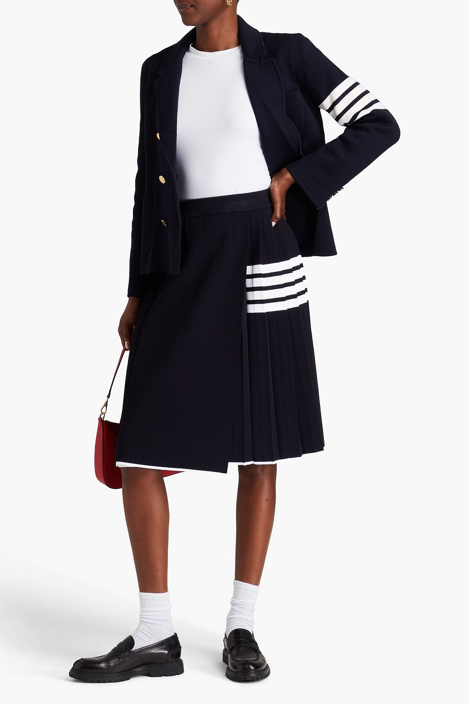 Thom Browne Pleated Striped Knitted Skirt In Navy