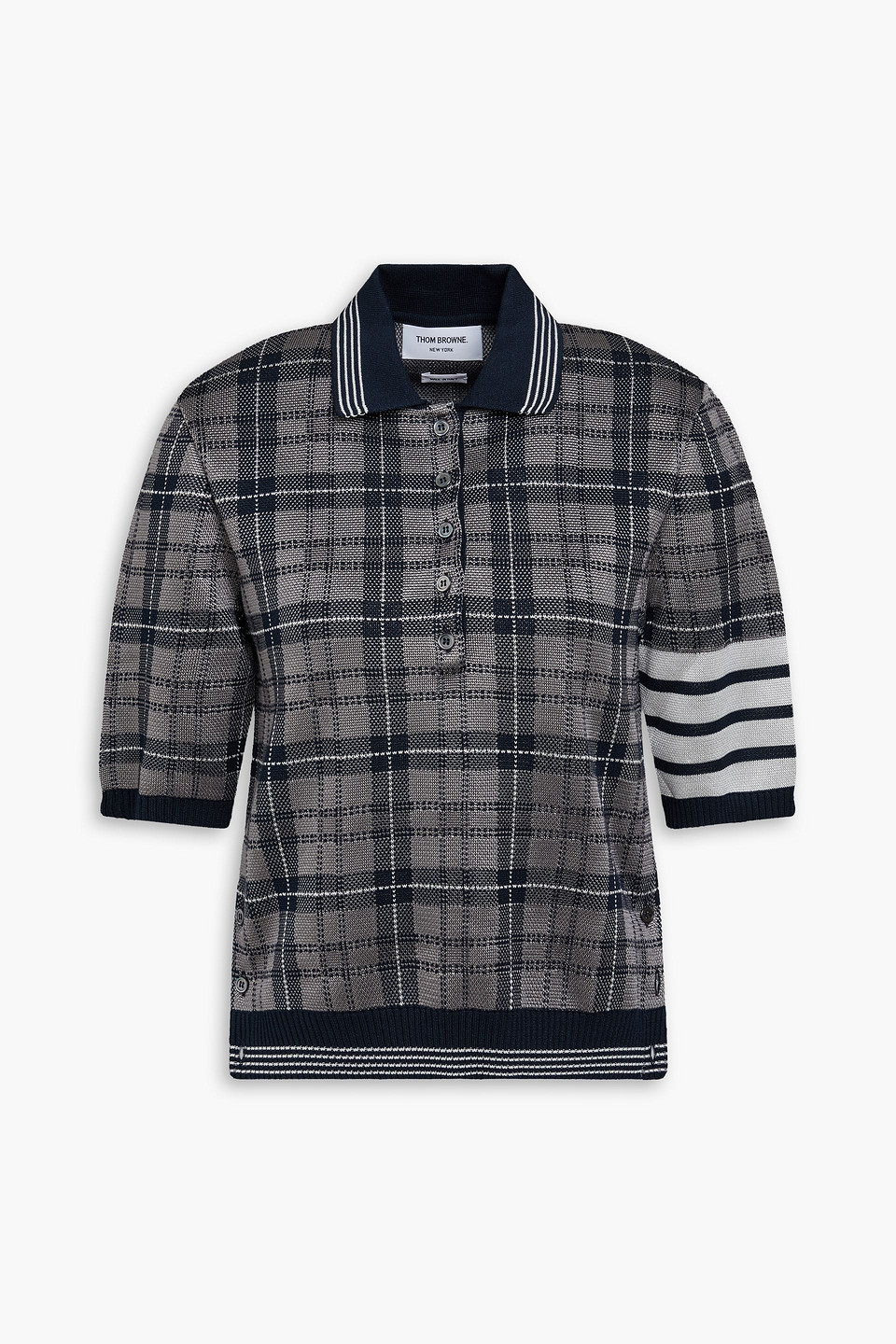 Thom Browne Checked Silk-blend Jacquard Polo Shirt In Navy