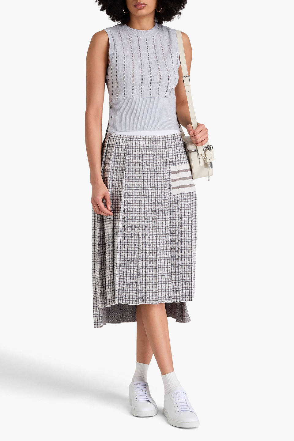 Thom Browne Pleated Jacquard-knit Silk And Cotton-blend Midi Skirt In Gray