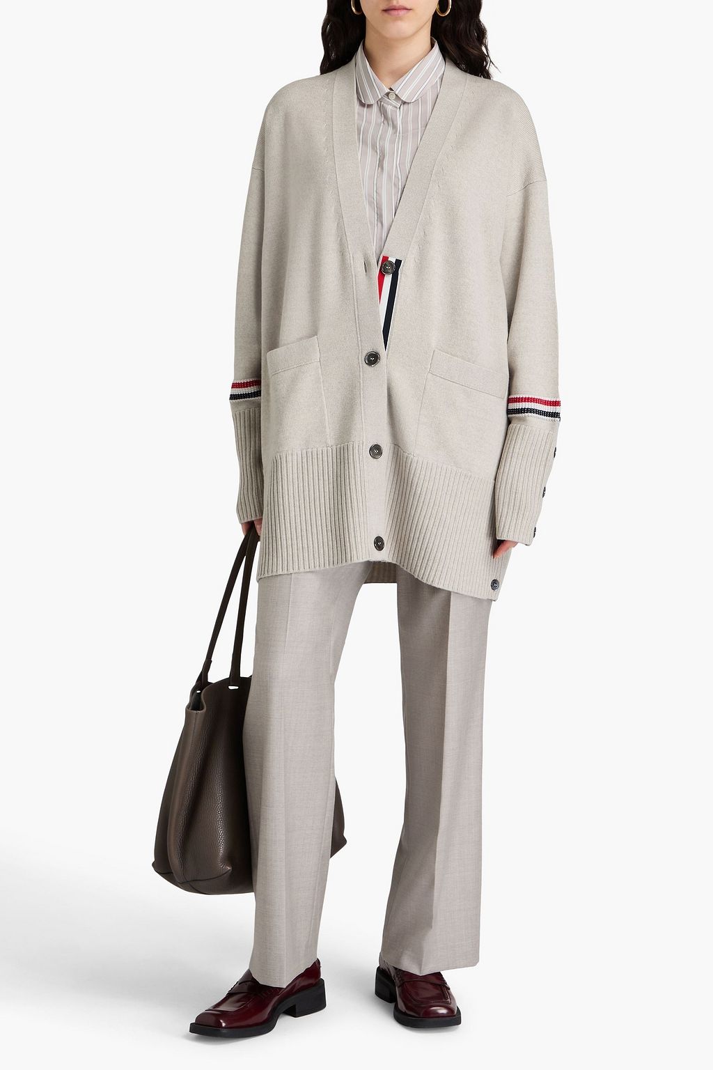 THOM BROWNE كارديغان مفتوح من الأمام واسع المقاس من الصوف