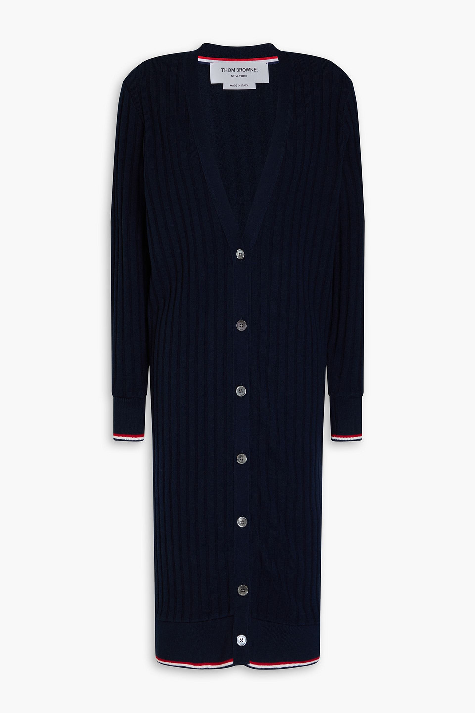 Thom Browne Long Rwb Ribbed Cardigan In Navy