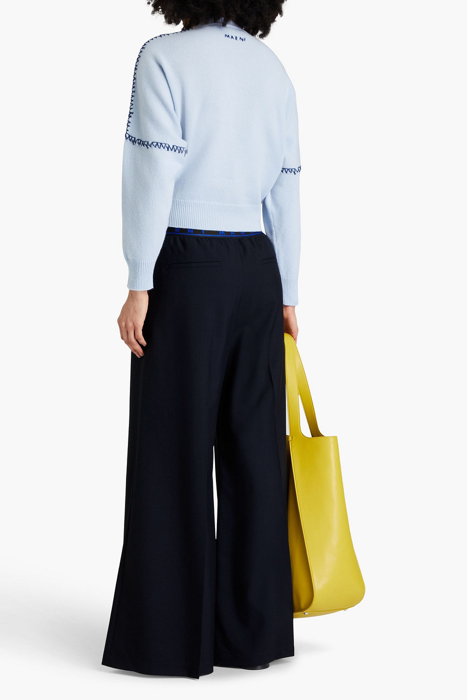 Marni Logo Elastic Waist Flared Wool Pants In Marineblau