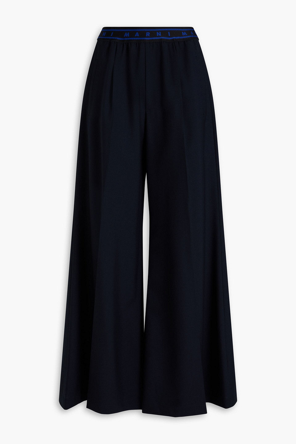Marni Logo Elastic Waist Flared Wool Pants In Marineblau