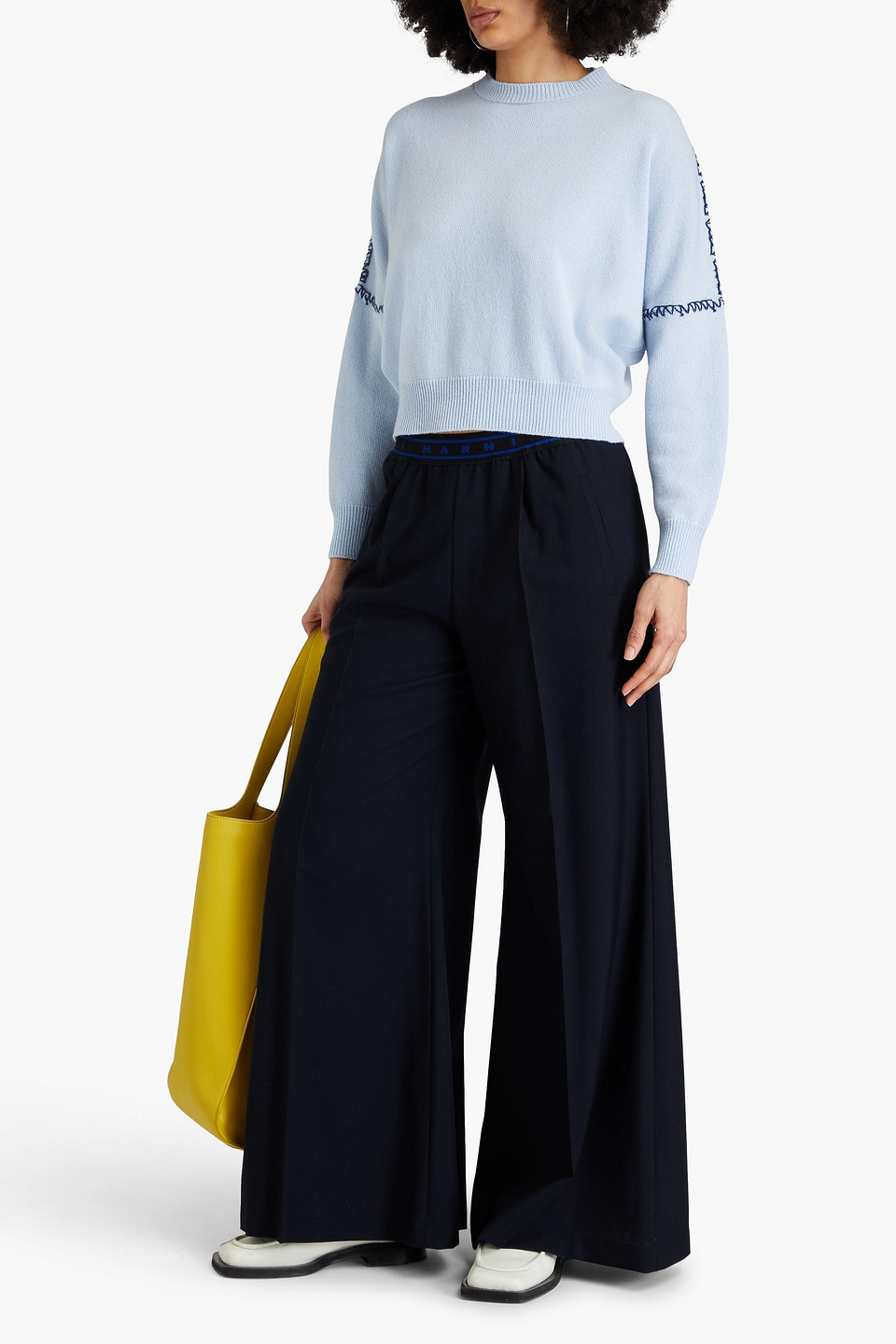 Marni Logo Elastic Waist Flared Wool Pants In Marineblau