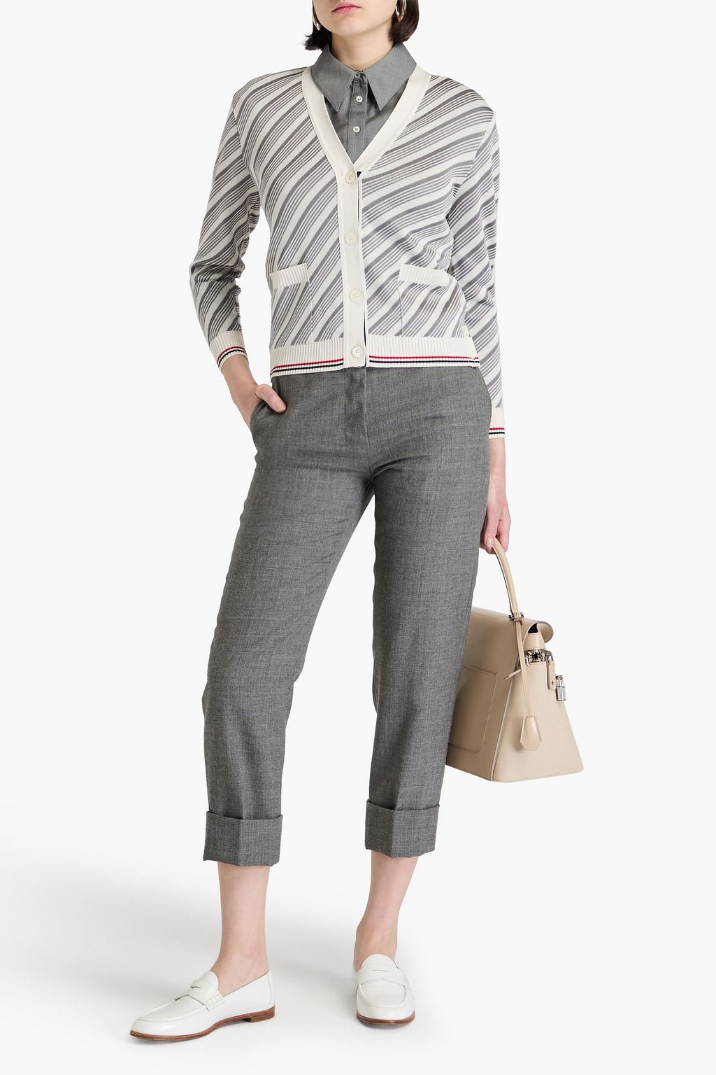 THOM BROWNE كارديغان من مزيج من القطن والحرير بتصميم مخطط