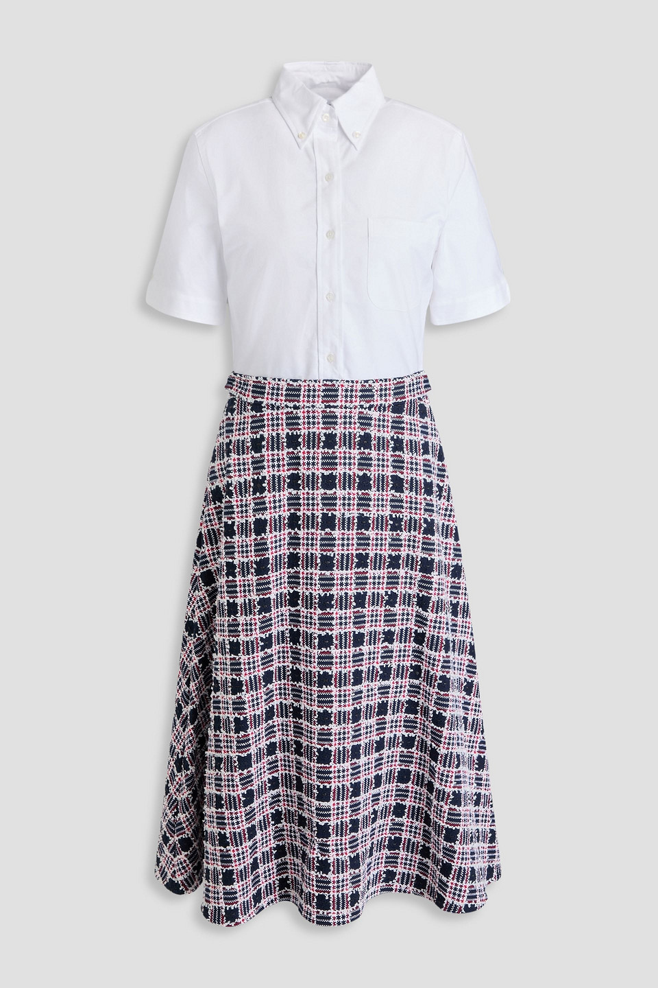 Oxford-paneled cotton-blend tweed midi shirt dress