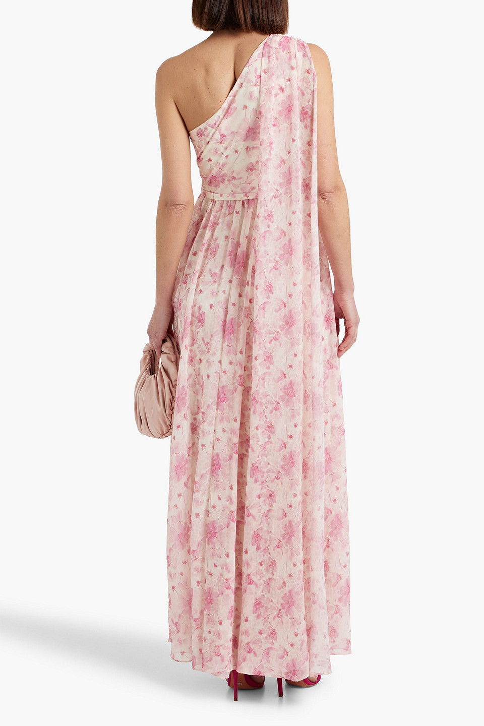 Mikael Aghal One-shoulder Floral-print Chiffon Maxi Dress In Baby Pink