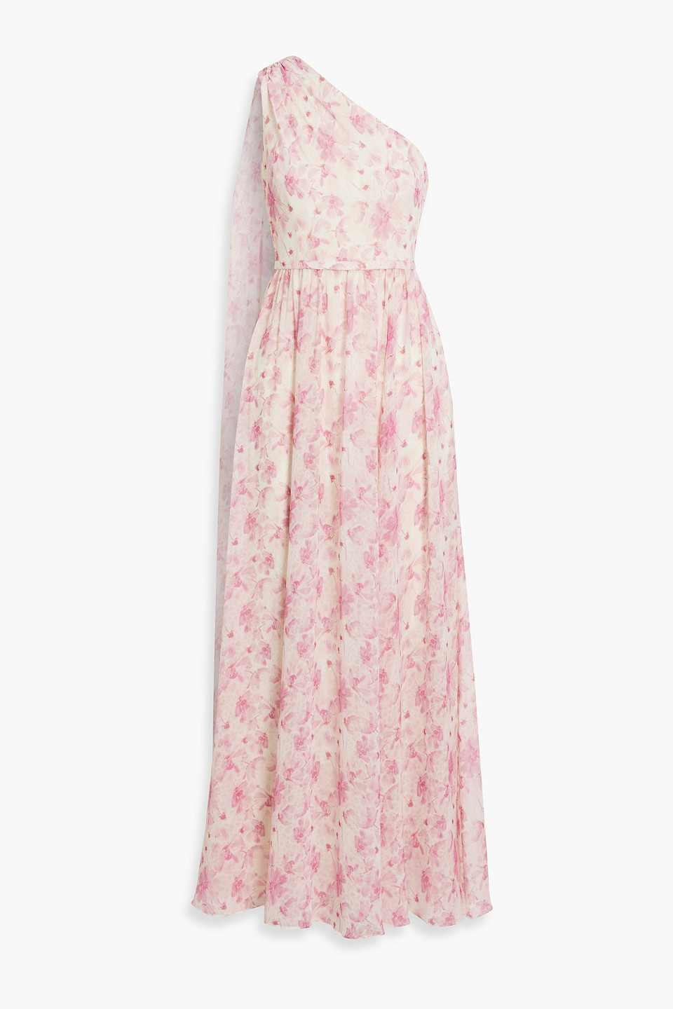 Mikael Aghal One-shoulder Floral-print Chiffon Maxi Dress In Baby Pink