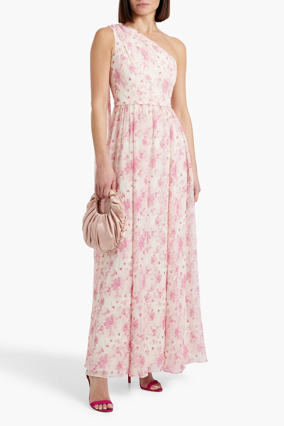 Mikael Aghal One-shoulder Floral-print Chiffon Maxi Dress In Baby Pink