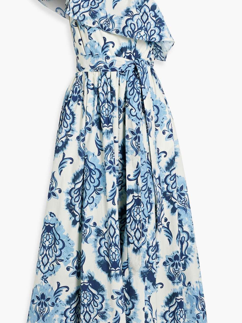 one-shoulder printed cotton-poplin midi dress
