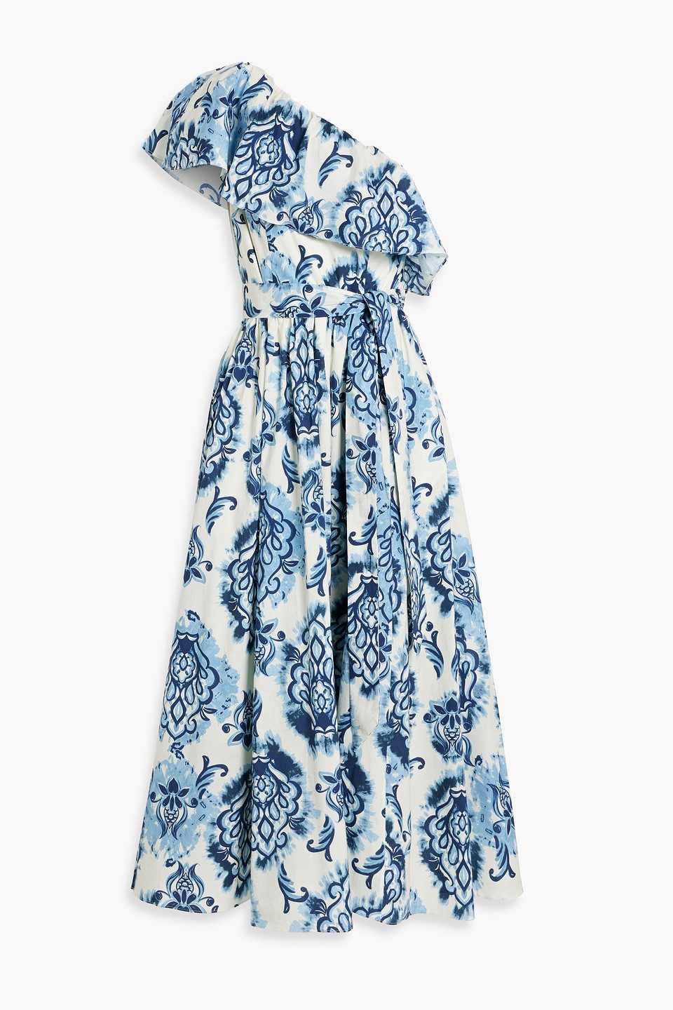 One-shoulder printed cotton-poplin midi dress