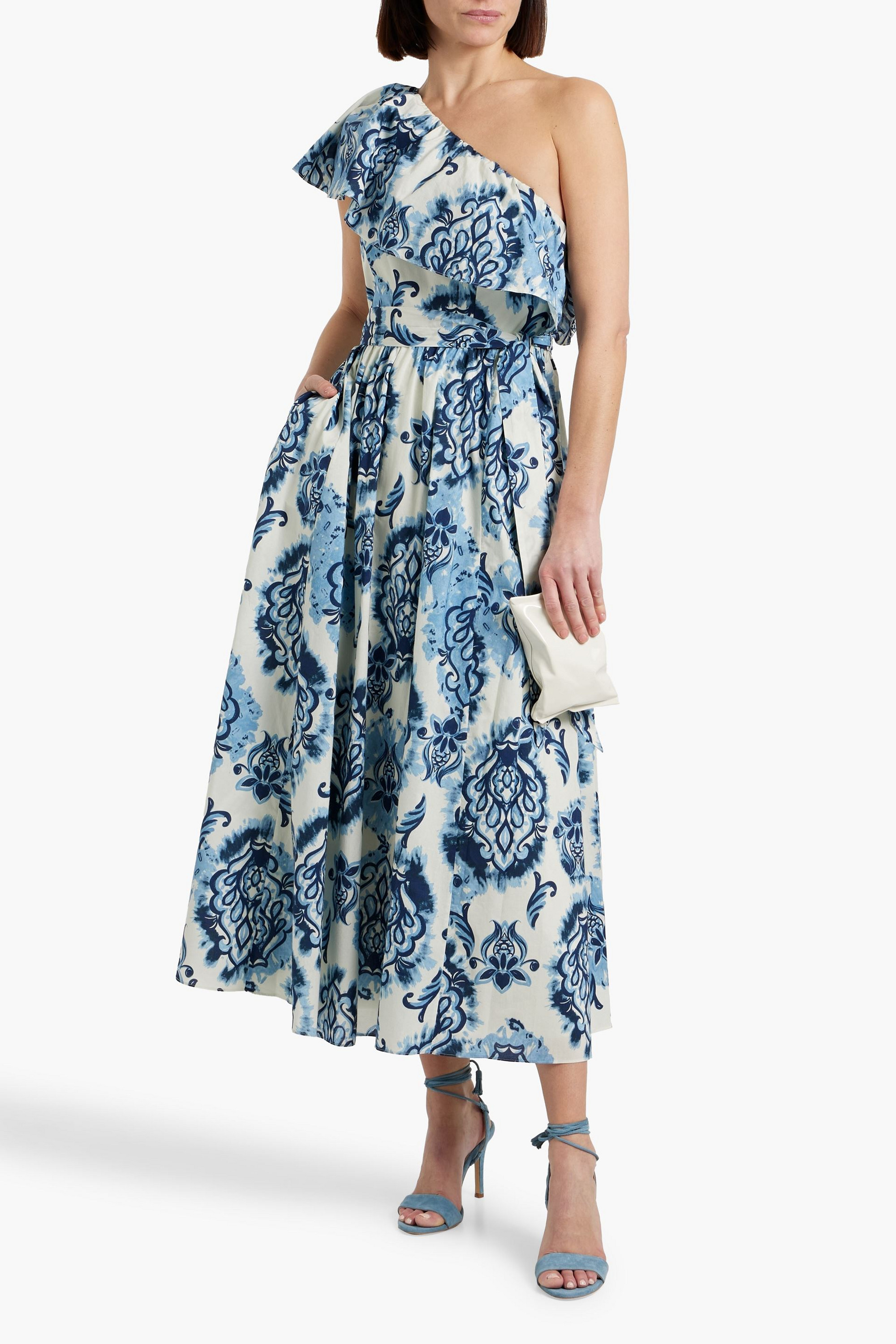 MIKAEL AGHAL One-shoulder printed cotton-poplin midi dress