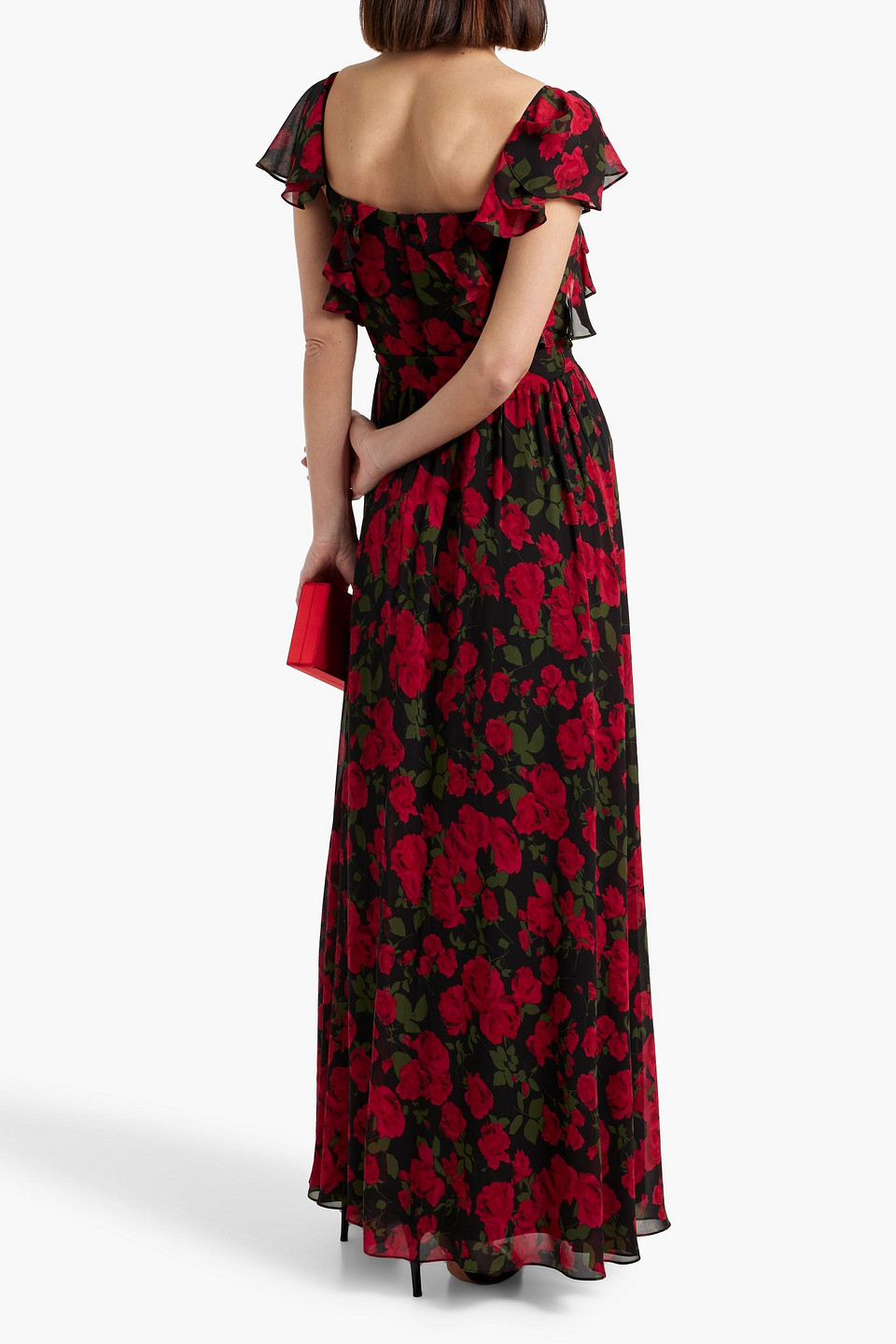 Shop Mikael Aghal Ruffled Floral-print Chiffon Maxi Dress In Rot