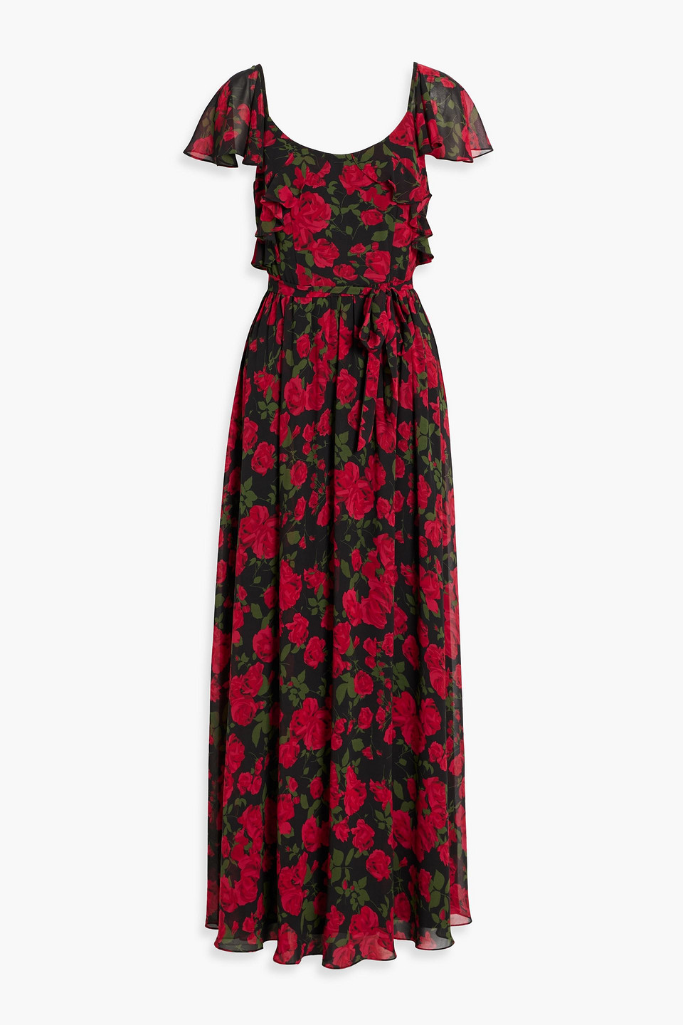 Mikael Aghal Ruffled Floral-print Chiffon Maxi Dress In Rot