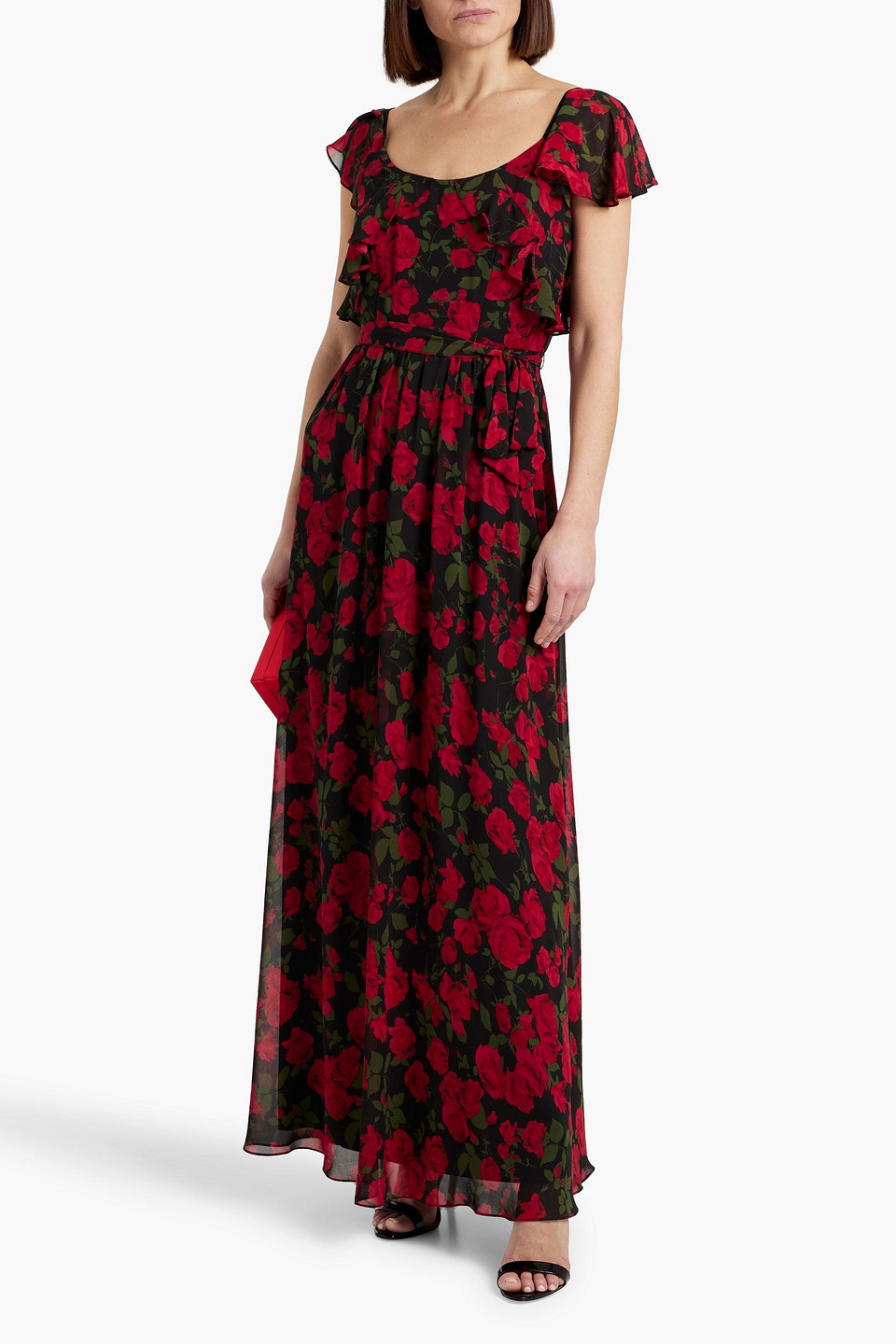 Shop Mikael Aghal Ruffled Floral-print Chiffon Maxi Dress In Rot