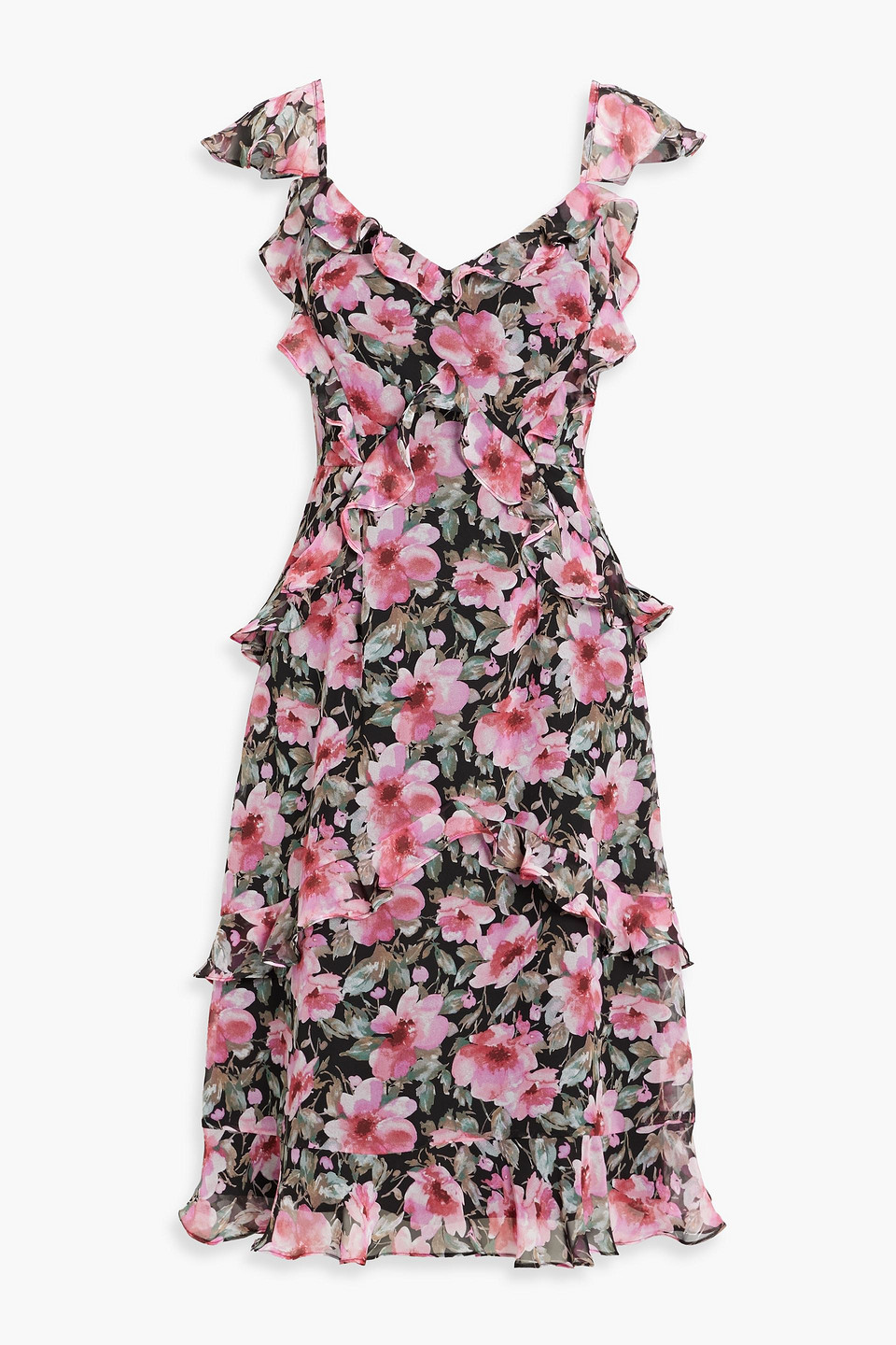 Mikael Aghal Ruffled Floral-print Chiffon Dress In Schwarz