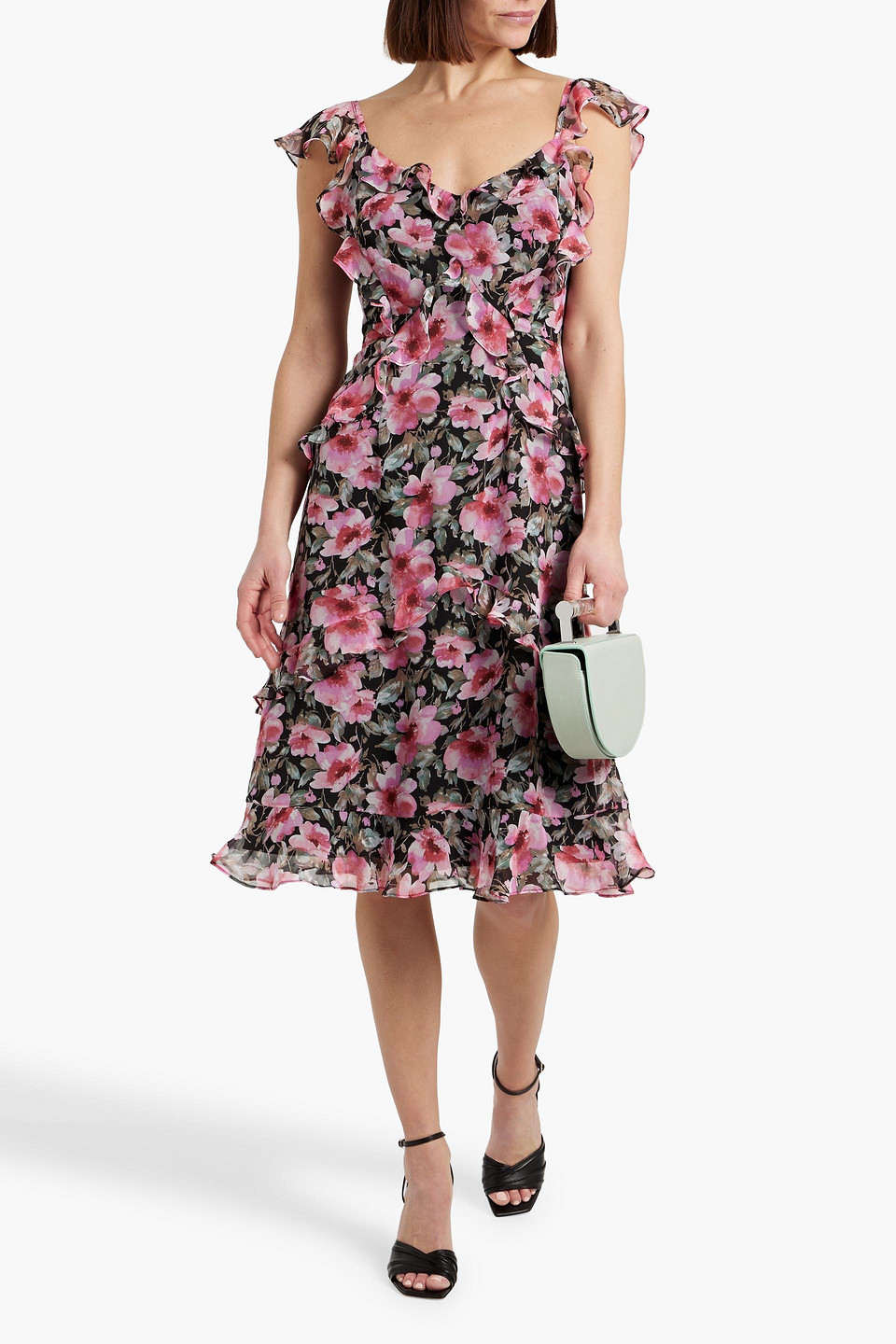Mikael Aghal Ruffled Floral-print Chiffon Dress In Schwarz