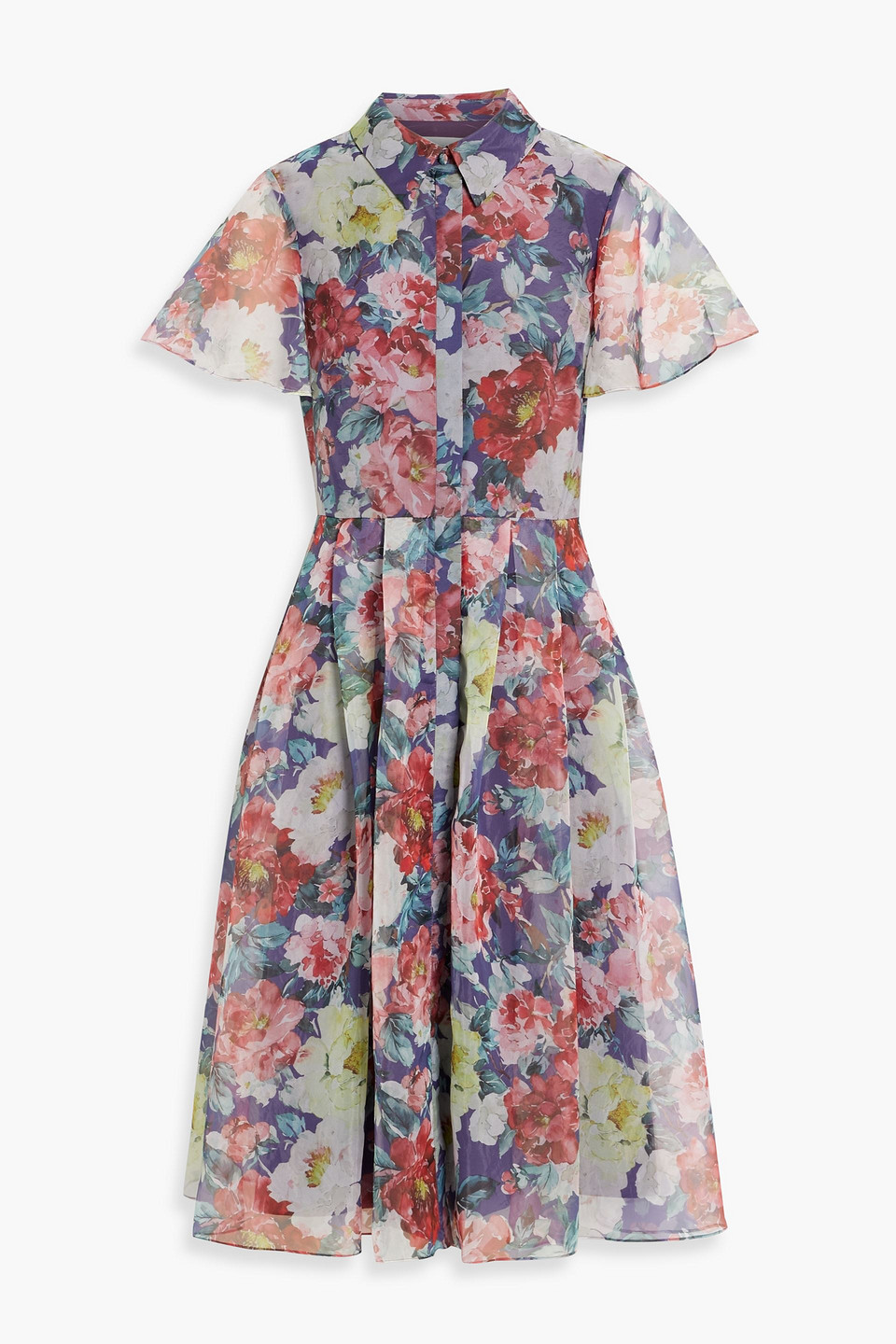 Mikael Aghal Hemdkleid Aus Habotai-seide Mit Floralem Print Und Falten In Indigo