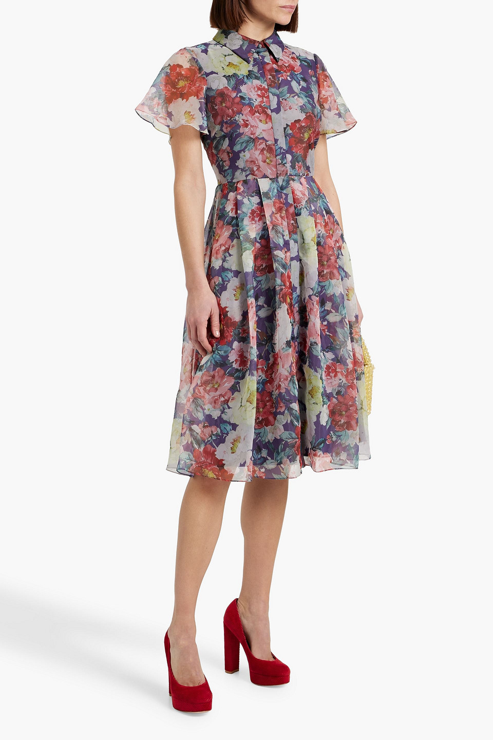 Mikael Aghal Hemdkleid Aus Habotai-seide Mit Floralem Print Und Falten In Indigo