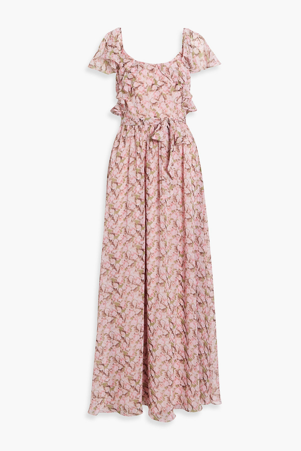 Mikael Aghal Ruffled Floral-print Chiffon Maxi Dress In Baby-pink