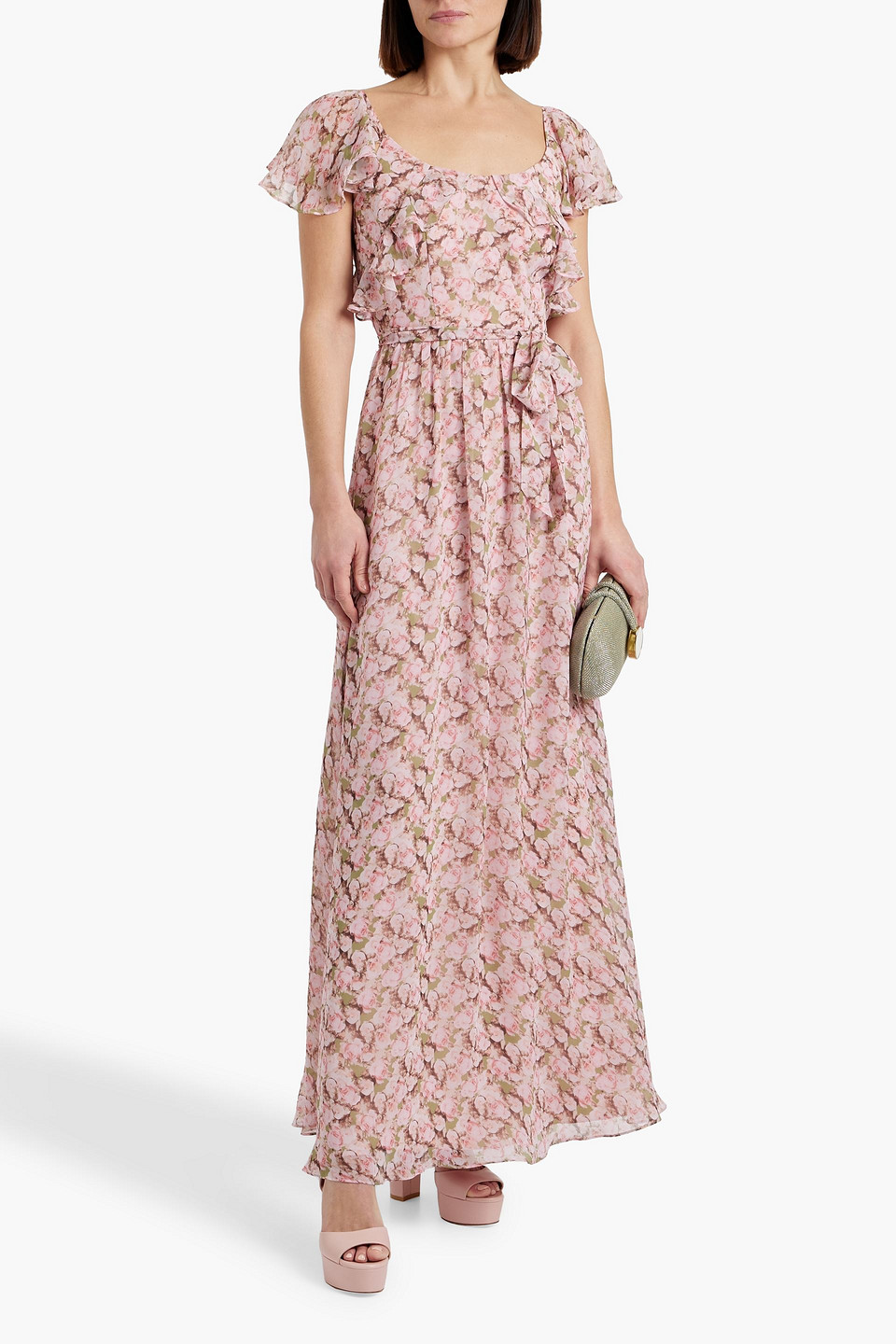 Mikael Aghal Ruffled Floral-print Chiffon Maxi Dress In Baby-pink
