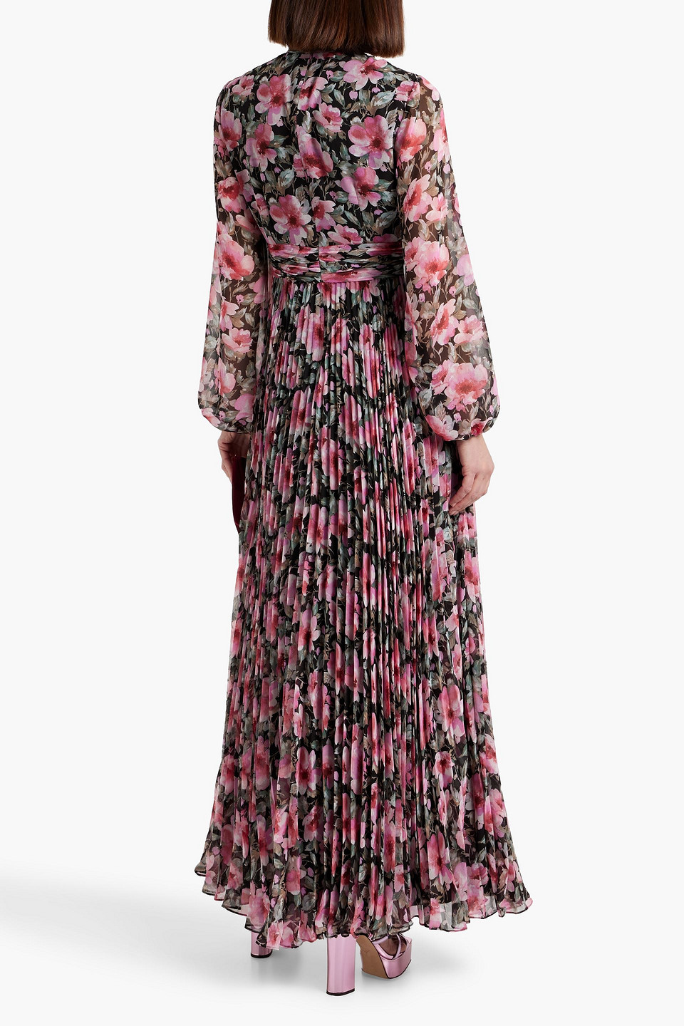 Mikael Aghal Maxikleid Aus Plissiertem Chiffon Mit Floralem Print Und Cut-outs In Schwarz